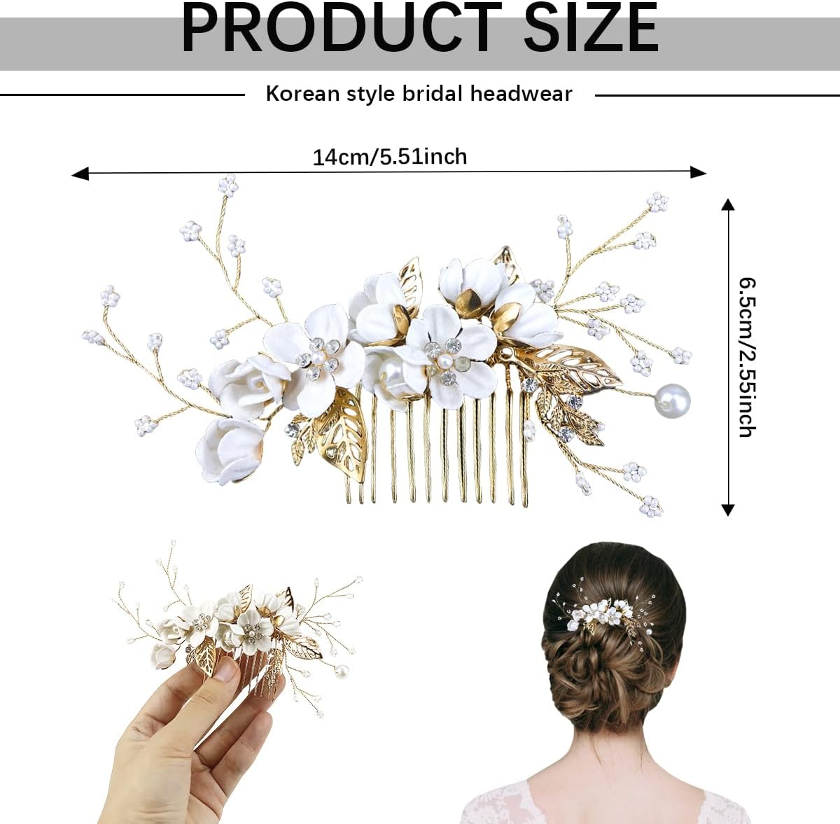 FERCAISH Wedding Hair Comb Flower, Crystal Bridal Hair Accessories, Pearl Leaf Headpiece for Wedding Bride Bridesmaid (White) image number 5