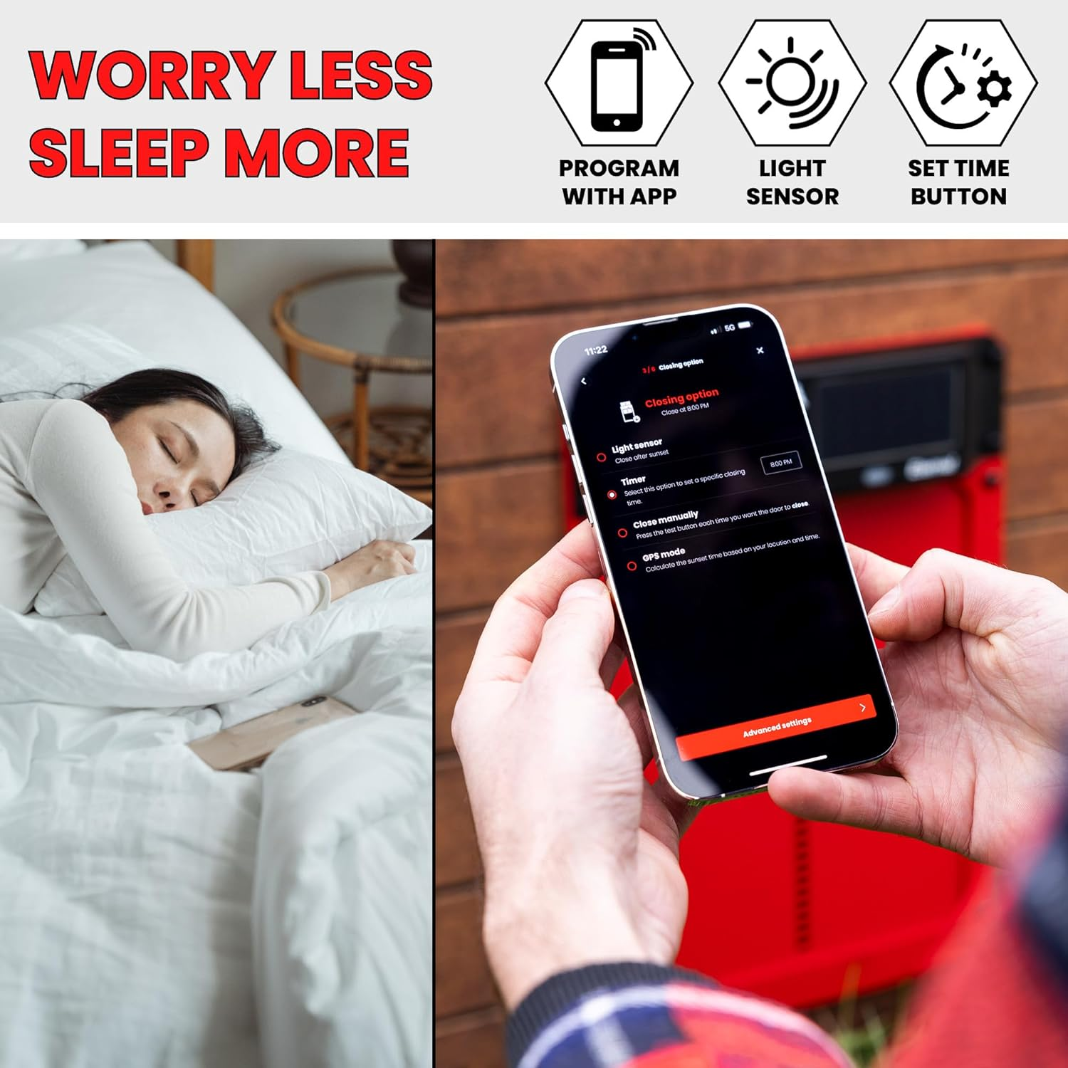 Run-Chicken Door (Red) Solar Chicken Coop Door, Battery Powered Automatic Chicken Coop Door, Programmable Electric Chicken Door with Timer, Light Sensor, Solar Powered, Model Eternal image number 4