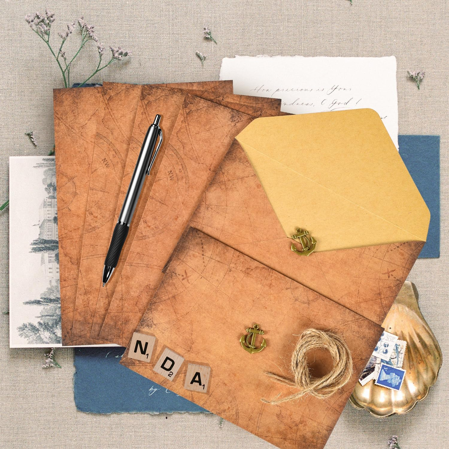 Vintage Stationery Paper and Envelopes Set - 24 Sheets Classic Aged Antique Letter Paper Stationary Set for Writing Letters Invitations with 12 Old Style Kraft Envelopes Rope Retro Accessories Pendant