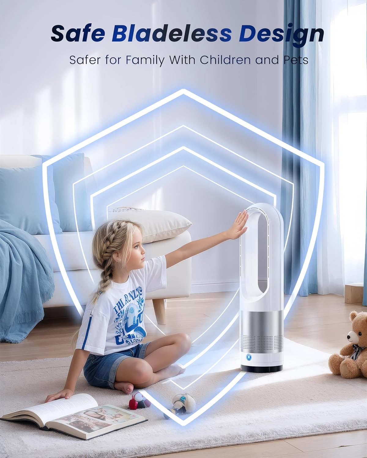 Bladeless Tower Fans for Bedroom - 8In1 Pedestal Fan Cooling Quiet, 90&deg; Oscillating Tower Fan with 8 Speeds, 8 Hour Timer, Oscillating Pedestal Fan with Remote for Indoor, Bedroom, Home & Office image number 3