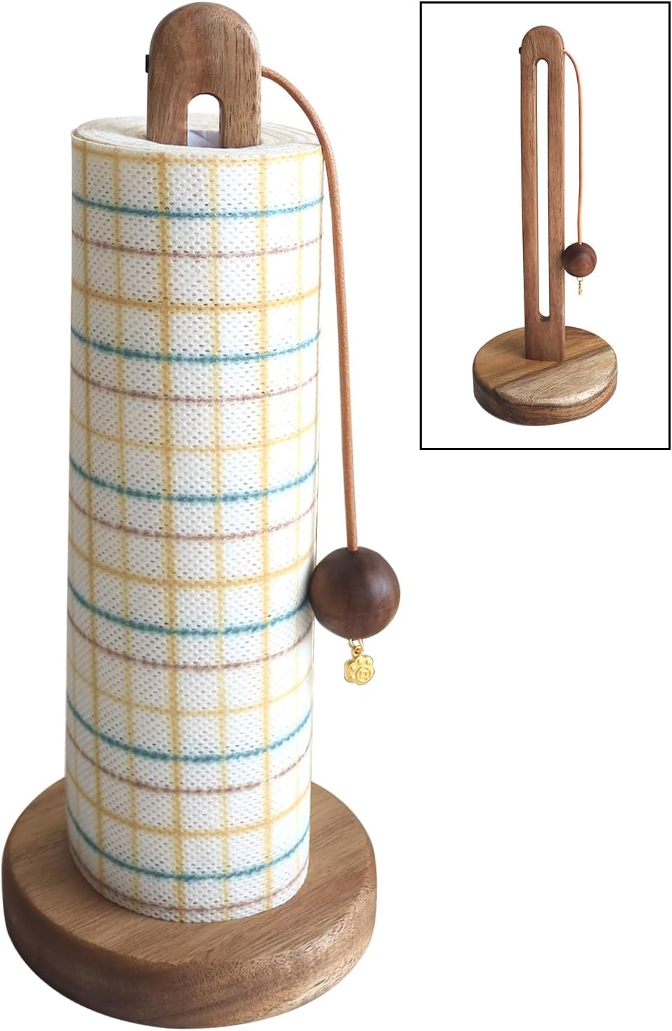 Wooden Kitchen Roll Holder Free Standing, Acacia Wood Paper Towel Stand for Counter, Non-Slip Towel Roll Holder, Farmhouse Organizer Fits Most Size Paper Rolls image number 4