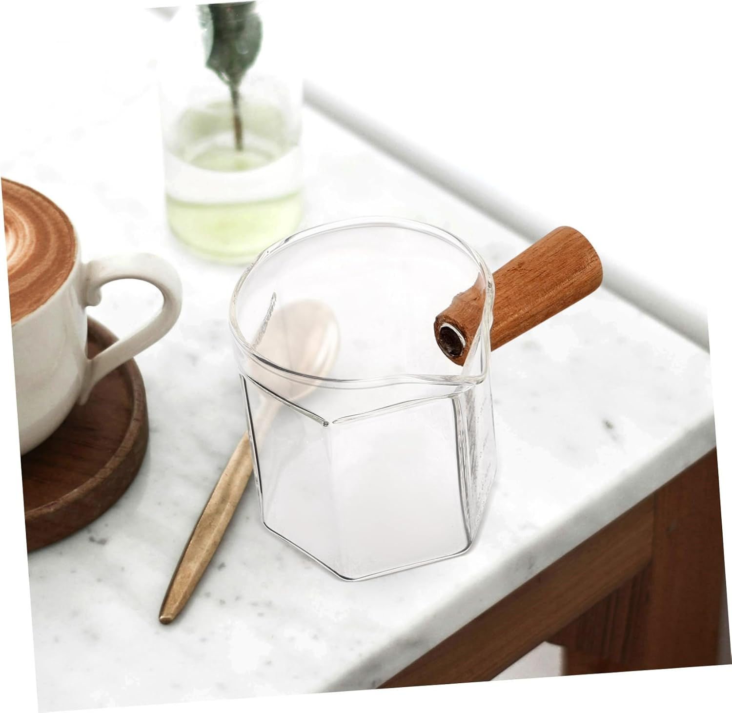 BATHVEVE Glass Espresso Measuring Cup with Heat-Resistant Wooden Handle Transparent Milk Pitcher with Scale for Precise Coffee Pouring and Consistent Brewing at Home Coffee Bar Random Color image number 2