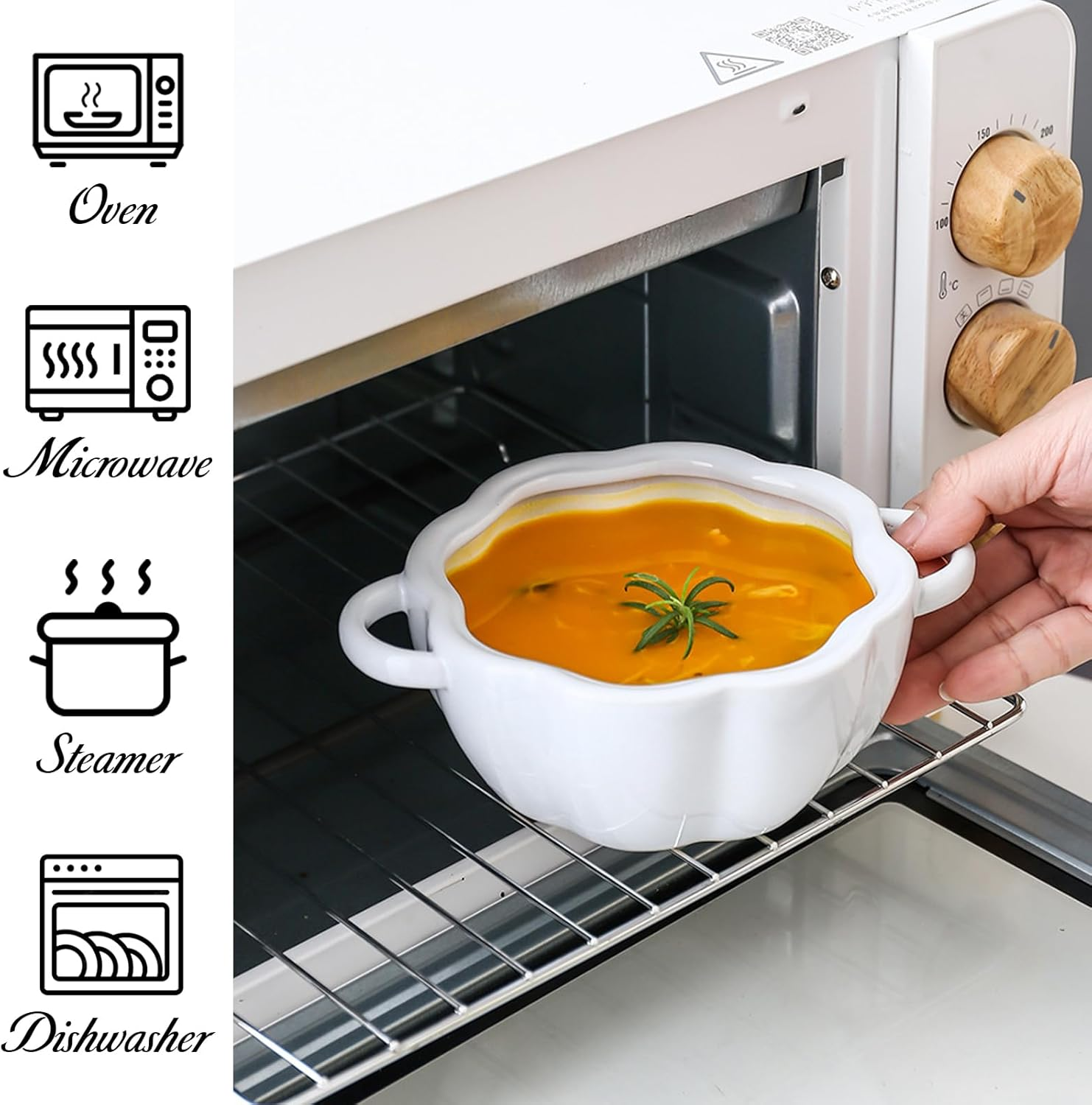 Cute Bowl with Lid, 15 Ounce Ceramic Pumpkin Soup Bowl with Handle, Microwave & Dishwasher Safe Pumpkin Dish Soup Cereal Bowl, Decor Dinnerware for Home Thanksgiving Halloween Party (White) - Green image number 2