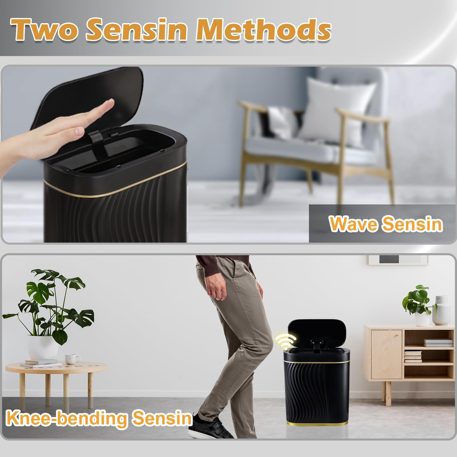 Caunedy Bathroom Smart Trash Can with Lid Automatic Touchless Lid, 8L Slimline Sensor Trash Bin for Bedroom, Living Room, Office（Black with Gold Trim） image number 2