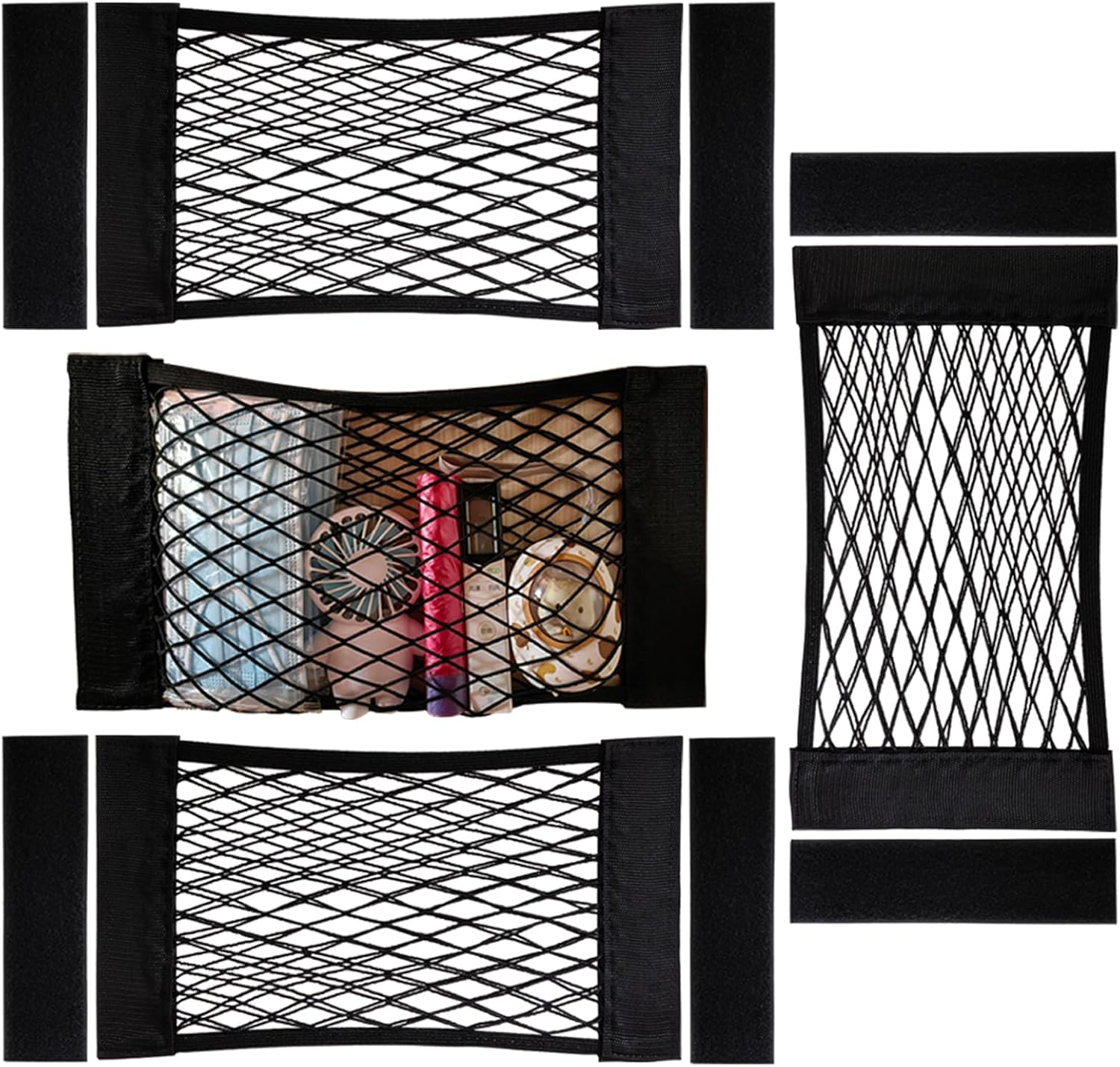 XIWUMOER 4Pack Automotive Cargo Net Car Storage Wall Sticker Organizer Pouch Bag Elastic Mesh Pocket with Tape Stickers for Trunk Organizer Holder for Cabinet Organize 4PCS (Same Size)