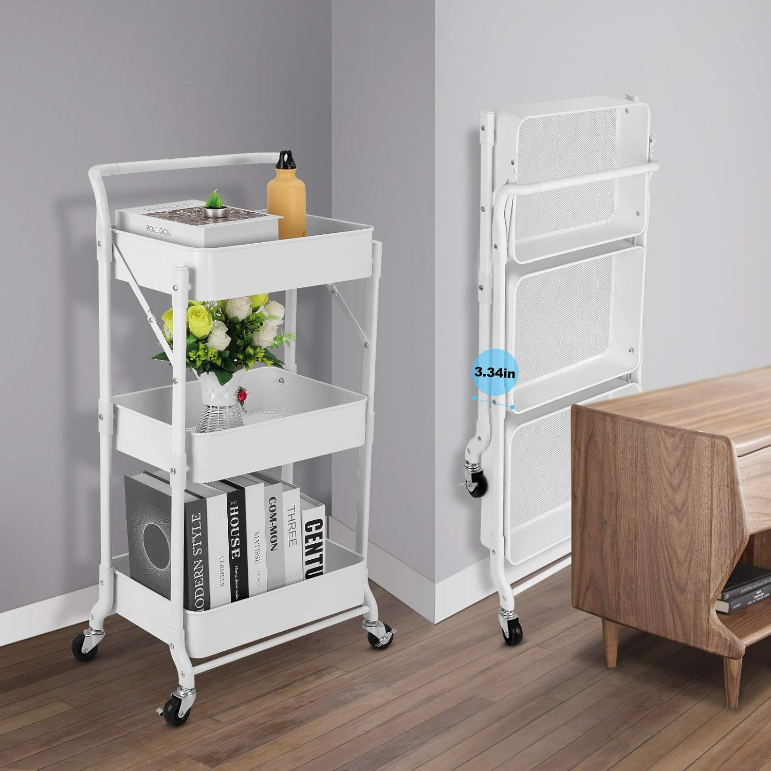 Johgee Foldable 3 Tier Metal Utility Rolling Cart, Folding Mobile Multi-Function Storage Trolley Organizer Cart for Home Library Office(White) image number 1