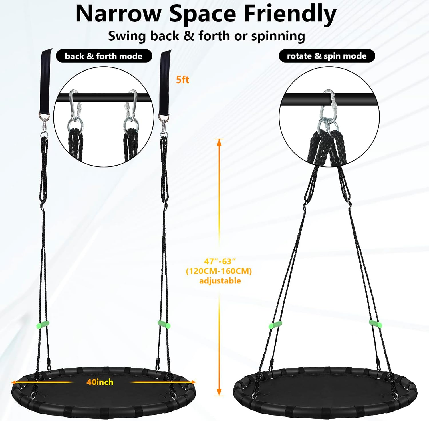 Black Hanging Tree Swing with Detachable Frame,Pp Mat,Adjustable Multi-Strand Ropes,Safe and Durable Saucer Swing for Yard Garden Playground Park (40 Inch Diameter, Black with Extra Strap) image number 3