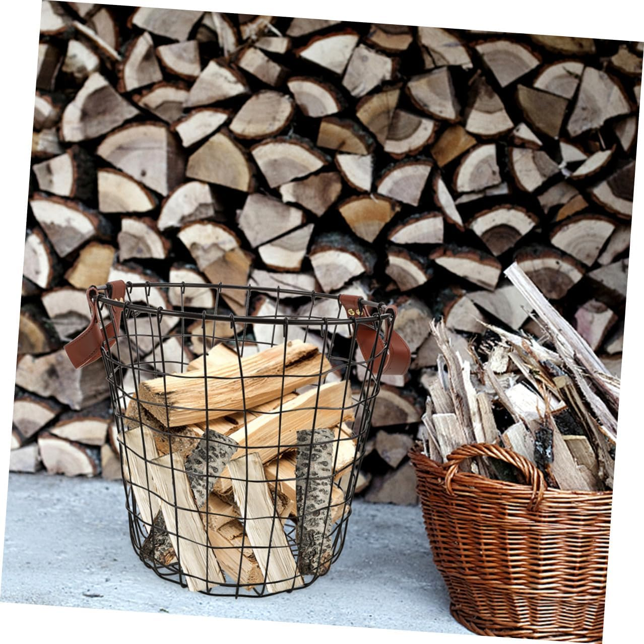 Gadpiparty 2Pcs Metal Firewood Storage Basket with Handles round Rustic Fireplace Log Holder Organizer for Indoor Outdoor Use Weather-Resistant Wood Carrier image number 2