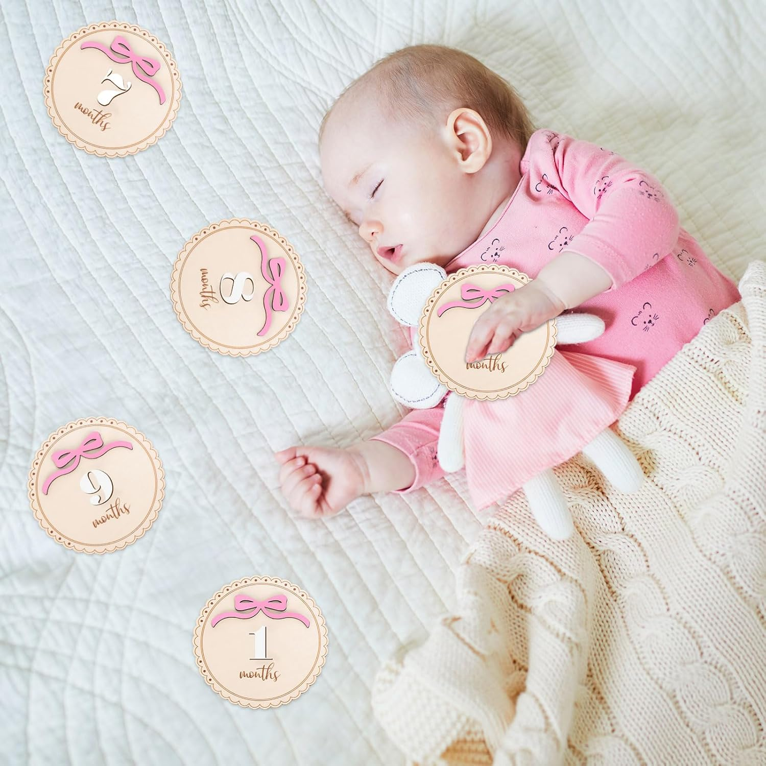 12 Pcs Pink Bow Baby Monthly Milestone Cards Bowknot Wooden Marker Discs Month Announcement Sign for Pregnancy Newborn Baby Growth Photo Prop Decor Supplies image number 5