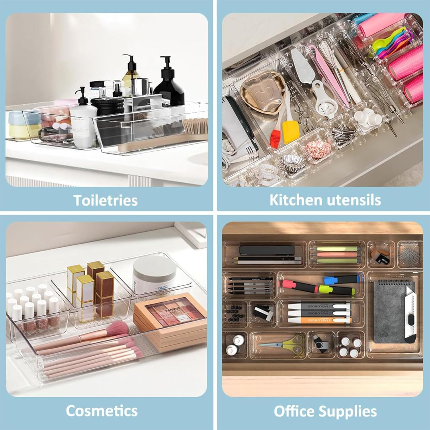 Clear Plastic Drawer Organizers Set Bathroom and Vanity Drawer Organizer Trays Storage Bins Containers for Makeup Bedroom Office (44PCS) image number 5