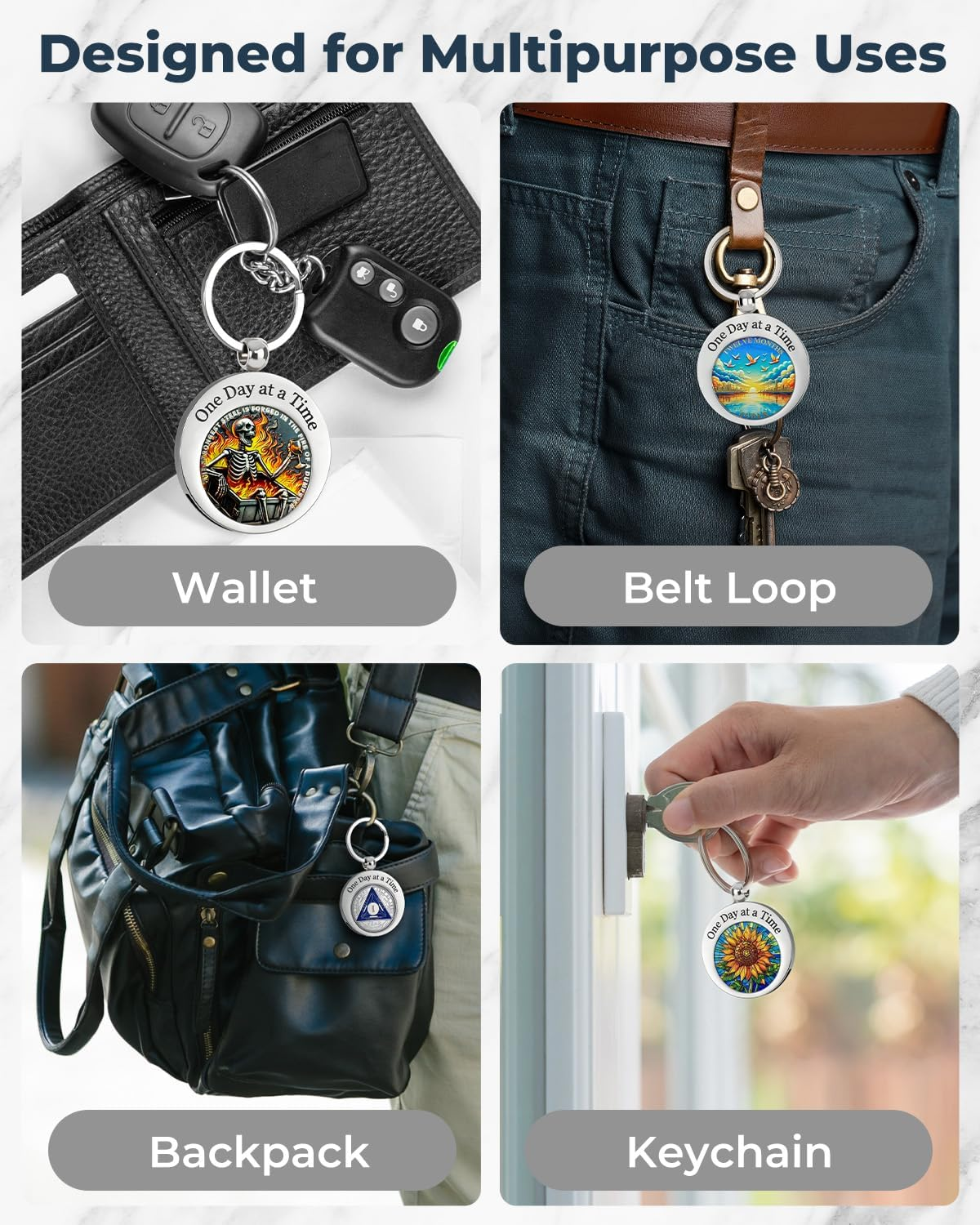 CHURYUML AA Coin Holder Keychain - Stainless Steel Double-Sided Keychain for Sobriety Chip AA Medallions - 8 Unique Styles image number 2