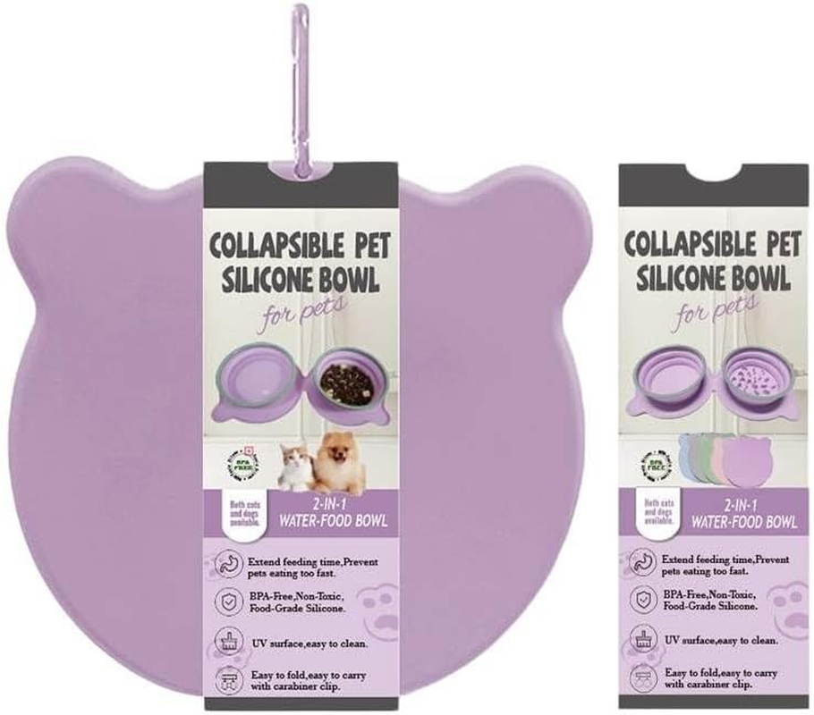 Portable Collapsible Dog Bowl - Silicone Travel Pet Bowl with Slow Feeder, Holds 500Ml Water & 300G Food, Anti-Slip, Easy to Clean, Foldable Double Bowl for Outdoor Walks (Pink)