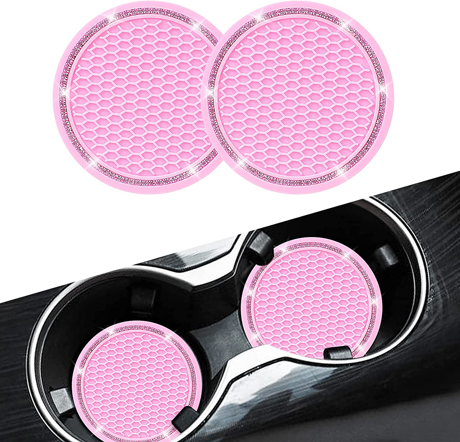 Cup Holder Coasters for Car, Senose Rhinestone Car Accessories for Women and Girl, Universal Anti-Slip Silicone Car Coaster, Diamond Vehicle Interior Decorations (Pink-2 Pcs)