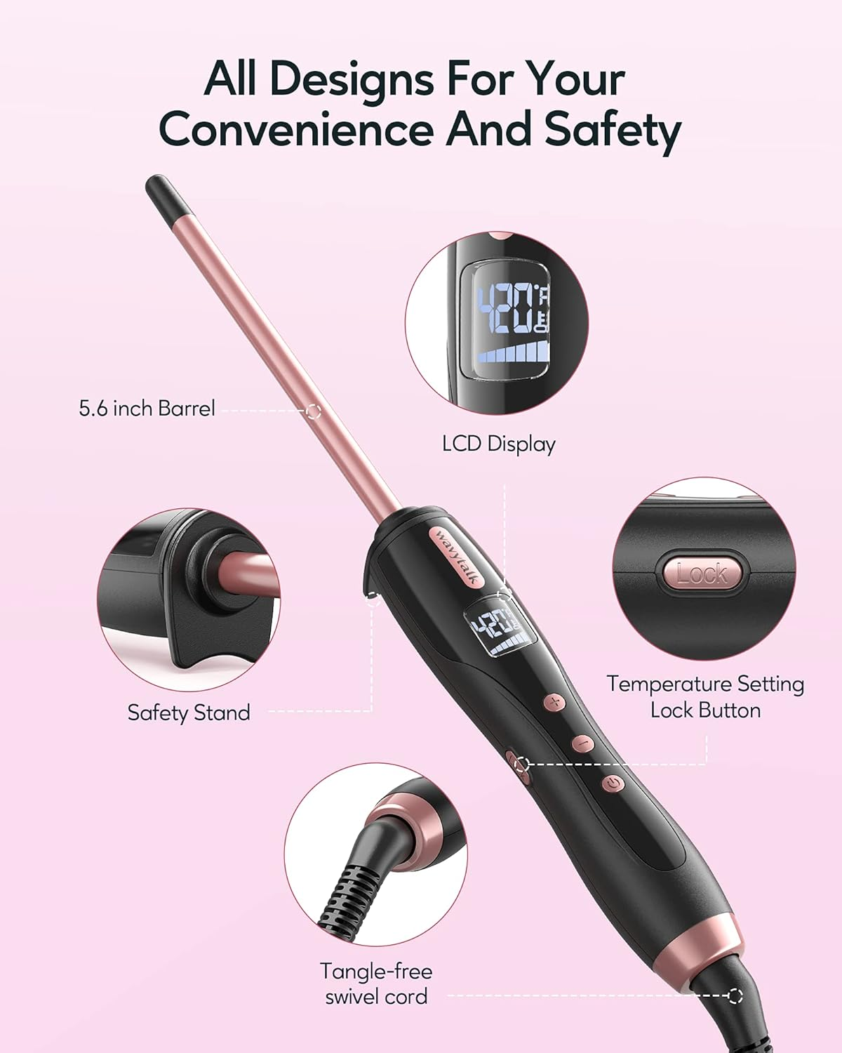 Wavytalk Small Curling Iron, 3/8 Inch Ceramic Barrel Wand for Short & Long Hair, Adjustable Temperature, Includes Heat Resistant Glove (Rose Pink) image number 6