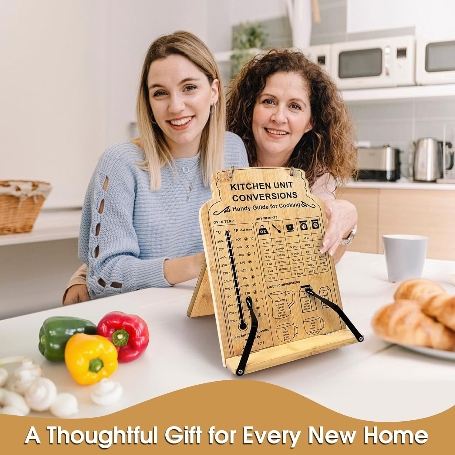 Bamboo Cookbook Stand,Recipe Book Stand with Measurement Conversion Chart,Foldable Cookbook Holder with Flexible Page Holder Clips,Adjustable Reading Holder Stand image number 4