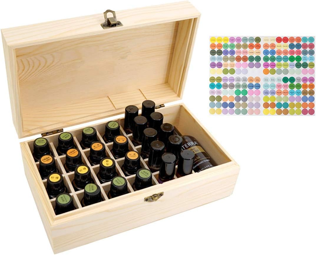 Fantasyday Wooden Essential Oil Storage Box Case, Portable Organizer Holds 25 Bottles 5 Ml, 10 Ml and 15 Ml Sizes - Pine Wood Holder Safe for Carrying and Home Storage Display