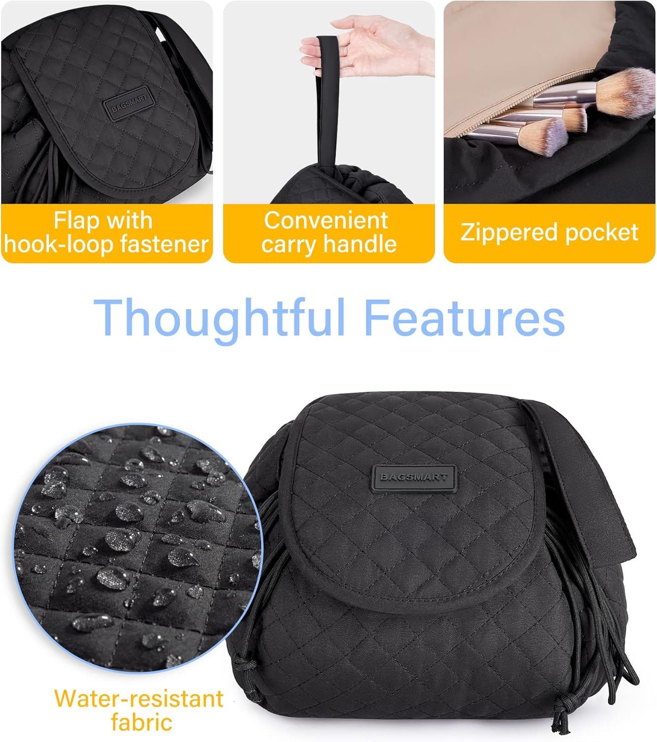 BAGSMART Lazy Makeup Bags for Women, Waterproof Drawstring Cosmetic Bag Travel Makeup Bag Organizer Case for Household,Black image number 3