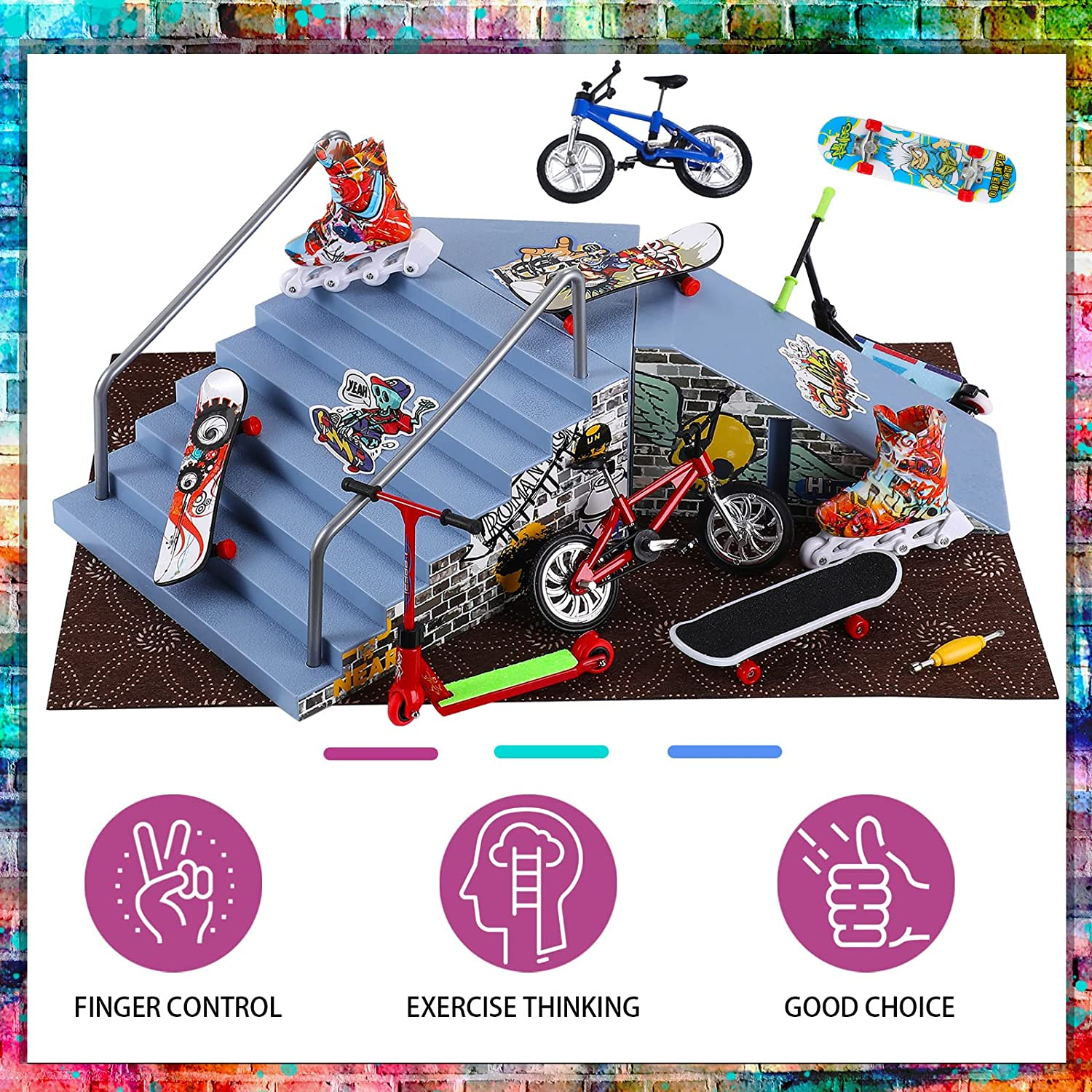 Fingerboard Ramps Kit - 24 Pcs Skatepark Set with Mini Toy Accessories Including Roller Skate, Bike, Scooter, and Hand Board image number 4