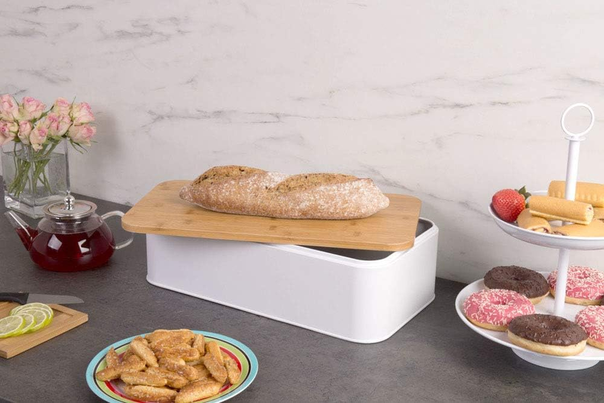 Zeller Bread Bin with Bamboo Lid, Metal, White, 42.5 X 23 X 13 Cm - Black image number 7