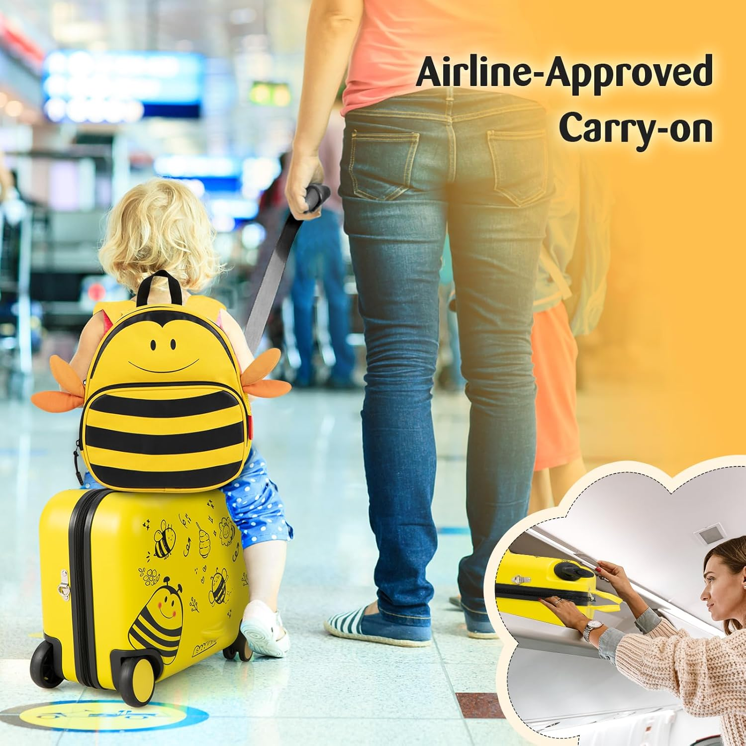 Costway 2 PCS Kids Ride-On Luggage Set, Portable Carry-On Suitcase & Backpack Set W/Anti-Lose Rope, Retractable Rod, Adjustable Strap, Rolling Hardshell Trolley Luggage for over 3 Years Old image number 1