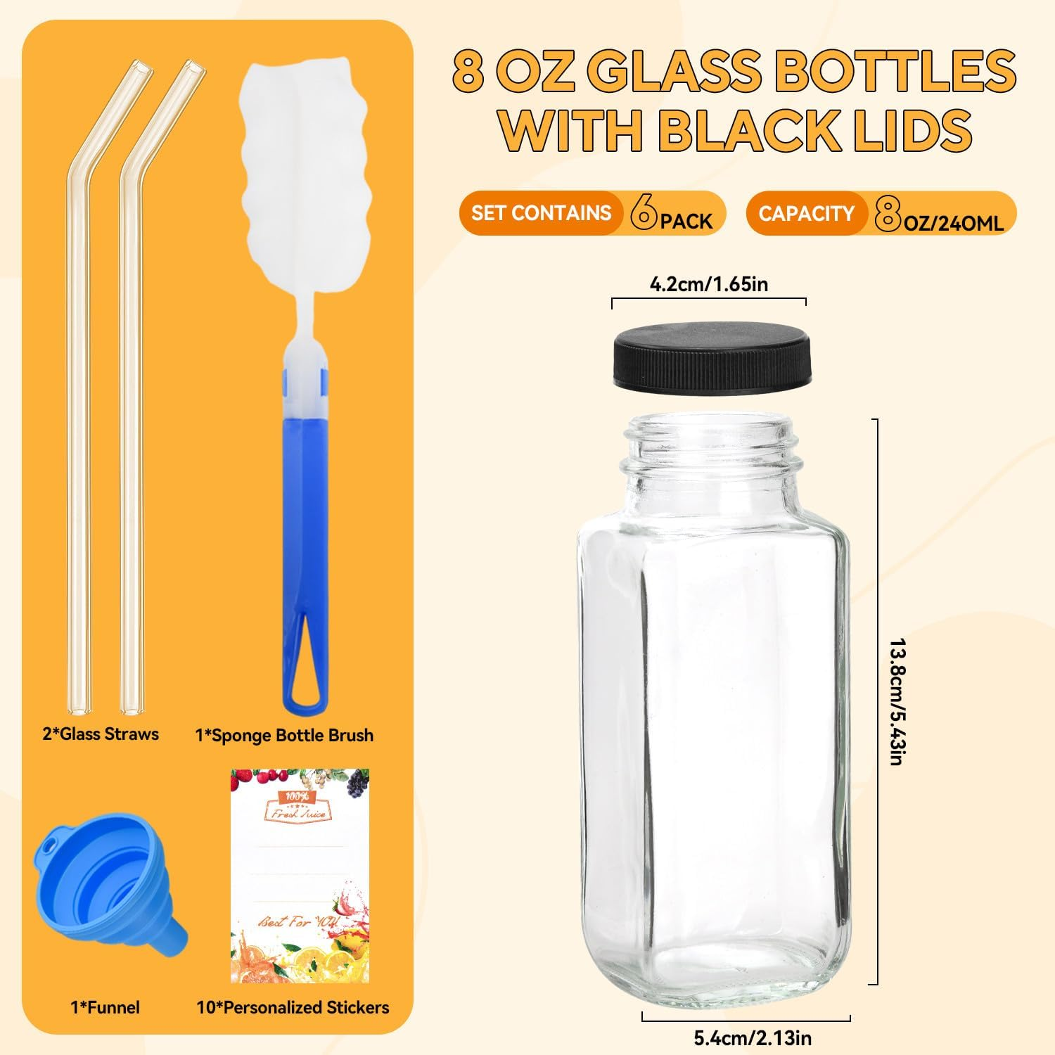 V&middot;Colokishi Pack of 6 250 Ml Square Glass Bottles with Glass Straws, Airtight, Durable, Versatile for Drinking, Food Storage, School, Outdoor, Crafts, On-The-Go image number 3
