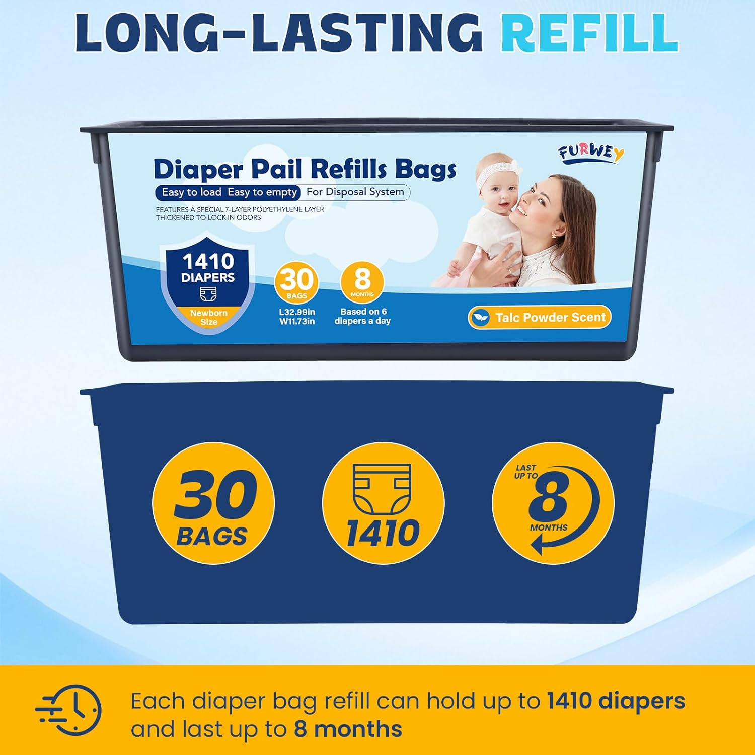 Diaper Pail Refill Bags 30 Bags per Refill Holds up to 5640 Newborn Diapers 7 Layer Odor Barrier Technology 4PACK (120 Bags) image number 4