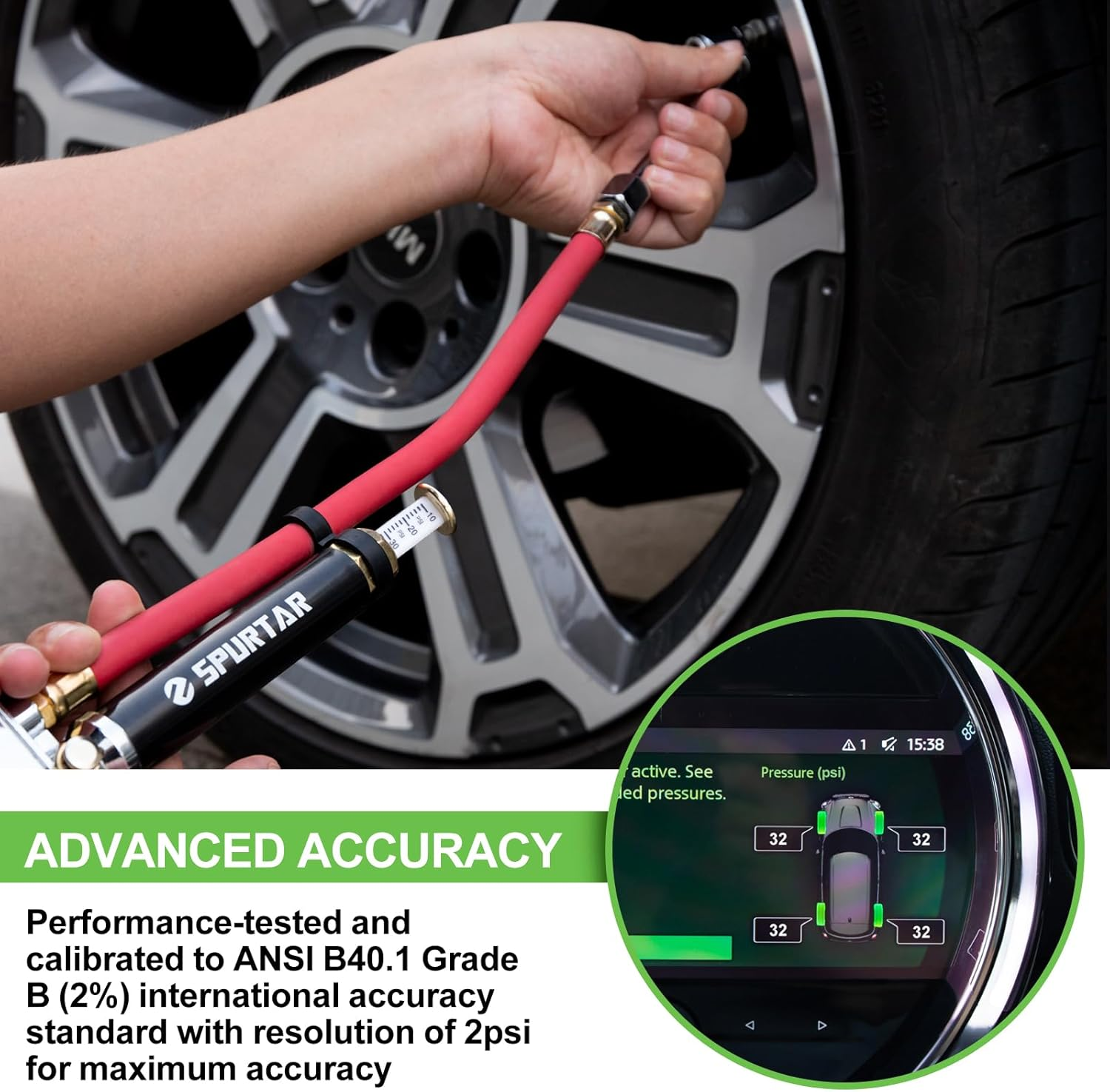 Spurtar 10-120 PSI Car Tire Inflator Gauge with 4 Way Tool and Valve Cores Automobiles Tire Pressure Gun with 12" Hose for Truck Motorcycle Bicycle image number 5