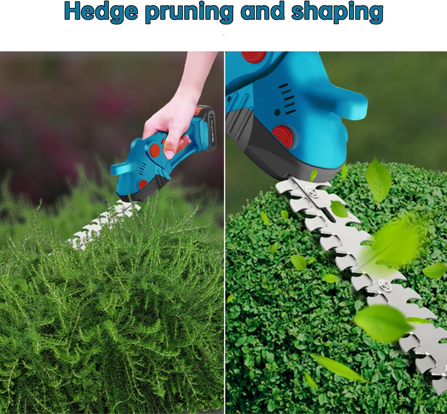 2 In1 Hedge Trimmer Cordless, Grass Shear, Hedge Trimmers, Lightweight, Hedge Shears, Electric Hedge Trimmer, with 2 Interchangeable Blades for Shrub, Garden, Grass, Lawn and Pruning-Blue image number 1