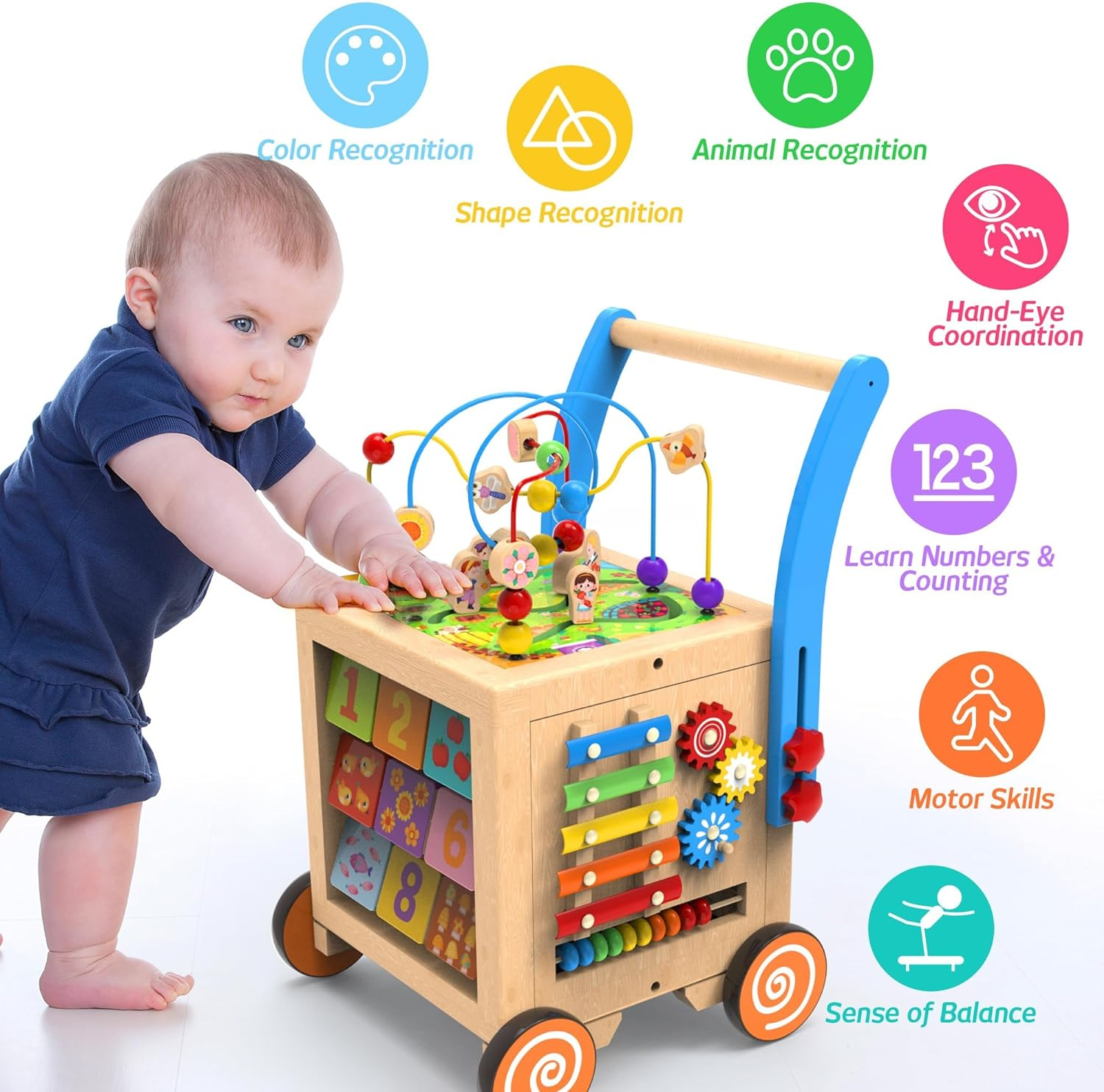 Wooden Baby Walker Activity Center Cube Sit-To-Stand Learning Farmyard Push & Pull Educational Toys Set Birthday Xmas Baby Toddler Boys Girls Age 12+ Months