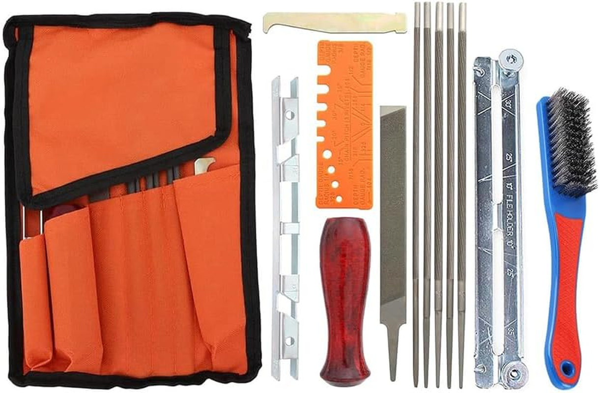 11PCS Universal Chainsaw Sharpener Tool,Chainsaw Chain Sharpening Kit,Comes with 3 Sizes of round Files (5/32", 3/16", 7/32"), Flat Files, Handles, File Guides, Rod Groove Cleaner and Pocket image number 1