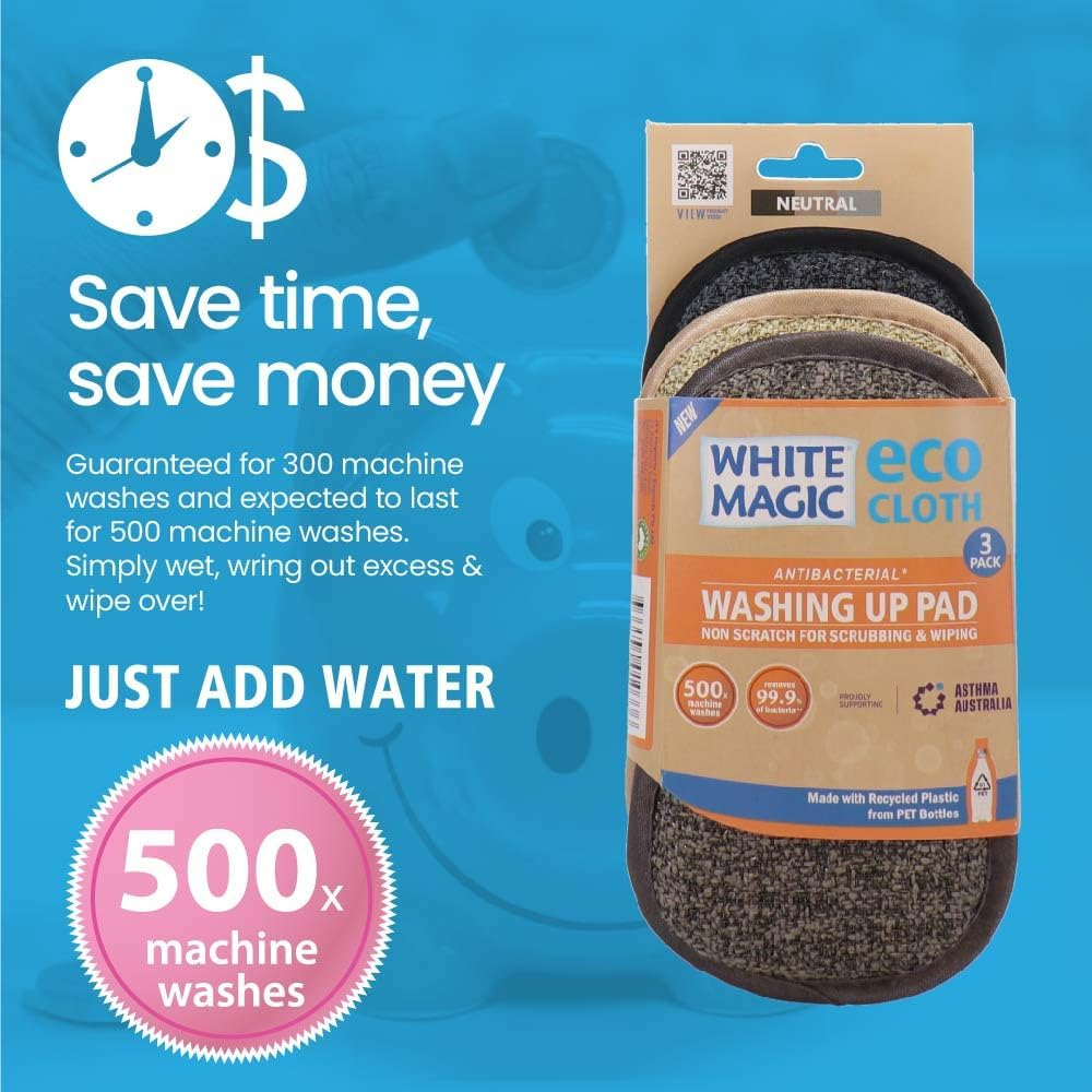 White Magic Eco Cloth Washing up Pad 3 Pack, Neutral - Double-Sided, Non-Scratch for Tough Messes & Gentle Cleaning, Machine Washable, Multi-Purpose Scrubbing Pads for Dishes & Surfaces image number 4