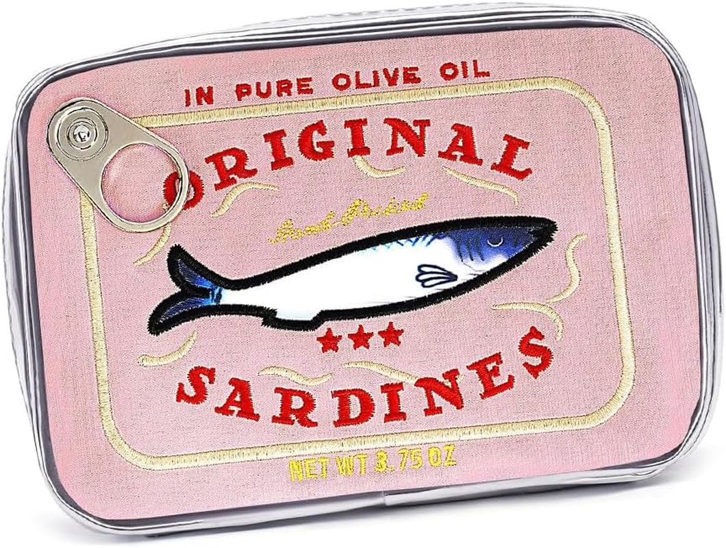 Canned Sardines Makeup Bag &ndash; Cute Kawaii Cosmetic Pouch, Funny Waterproof Travel Toiletry Bag for Women, Creative Fish Design Pencil Case Organizer (Blue) (Pink) image number 2