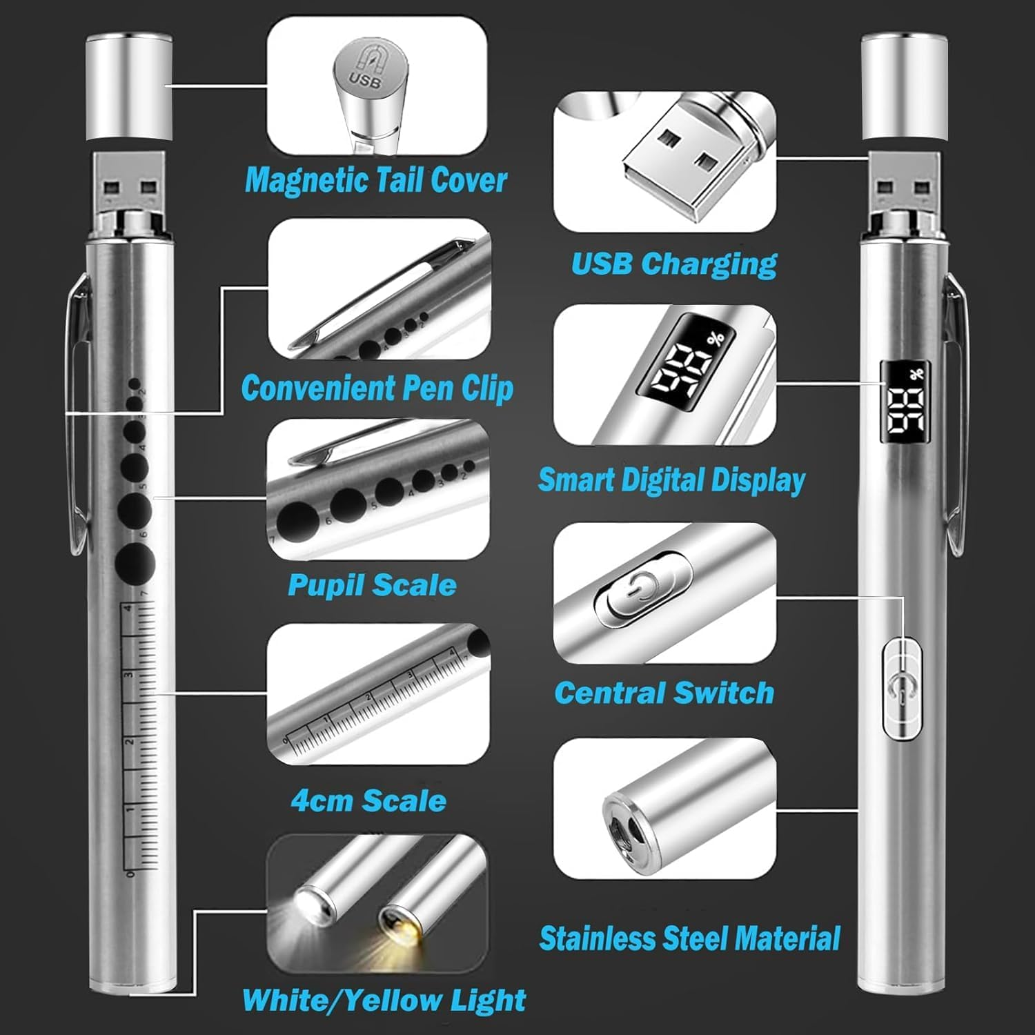 YUENTOEN 2Pcs LED Torch, Pen Light, USB Rechargeable LED Pocket Pen Light Flashlight for Home and Outdoor Activities (Silver+Black) ﻿ image number 2