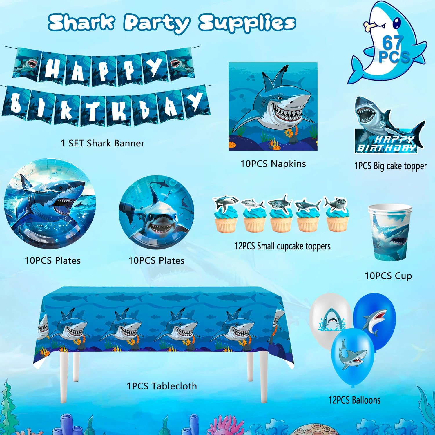 Shark Party Supplies,81 Pcs Shark Birthday Party Decorations & Shark Party Tableware Set - Shark Plates and Napkins Tablecloths & Shark Balloons Banner Shark Cake Toppers Etc Decorations image number 1