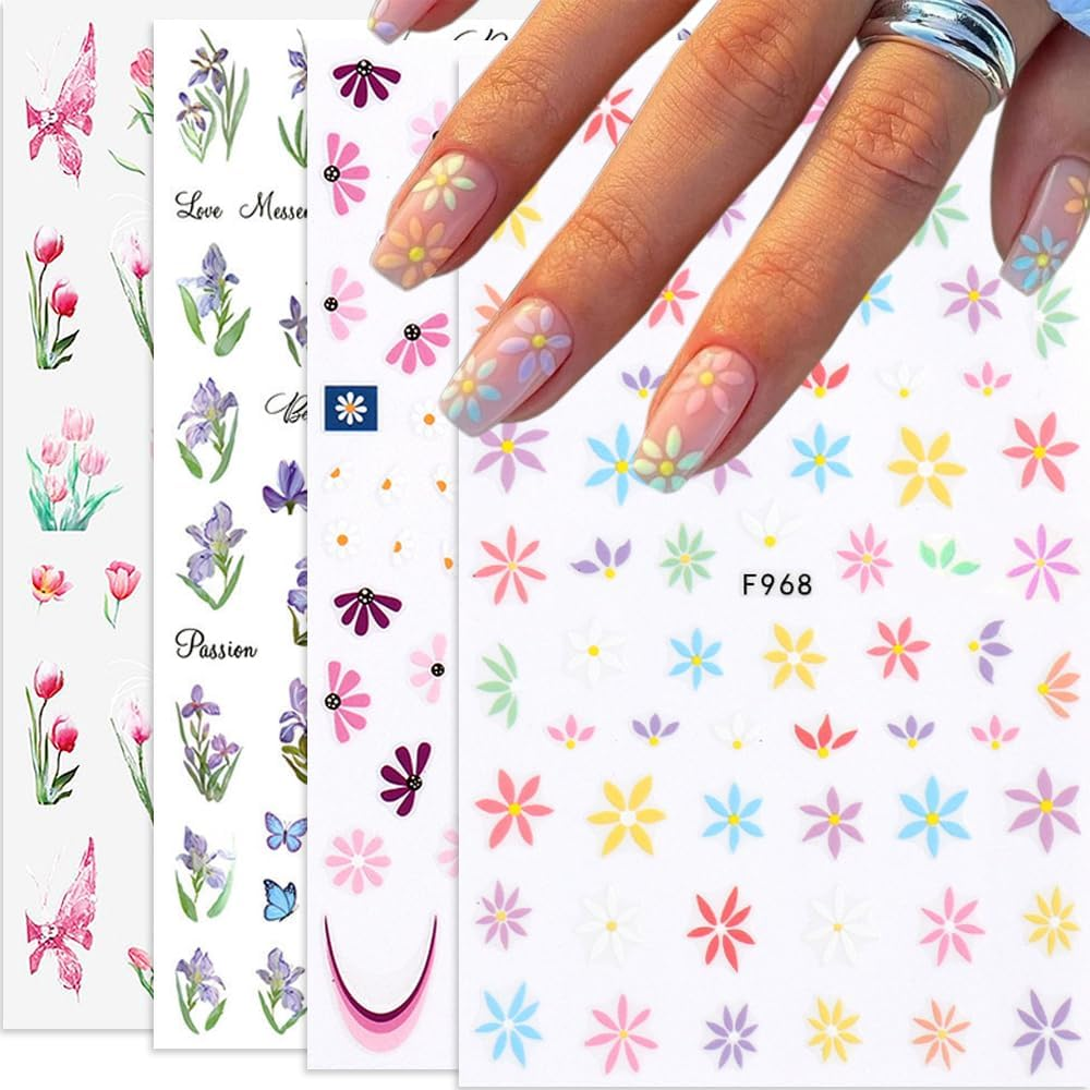 5Sheet Nail Stickers Self-Adhesive 3D Flowers Nail Art Stickers Daisy Wild Flowers Spring Flowers Nail Stickers 3D Nail Design DIY Manicure Decoration (5 Sheets) image number 2