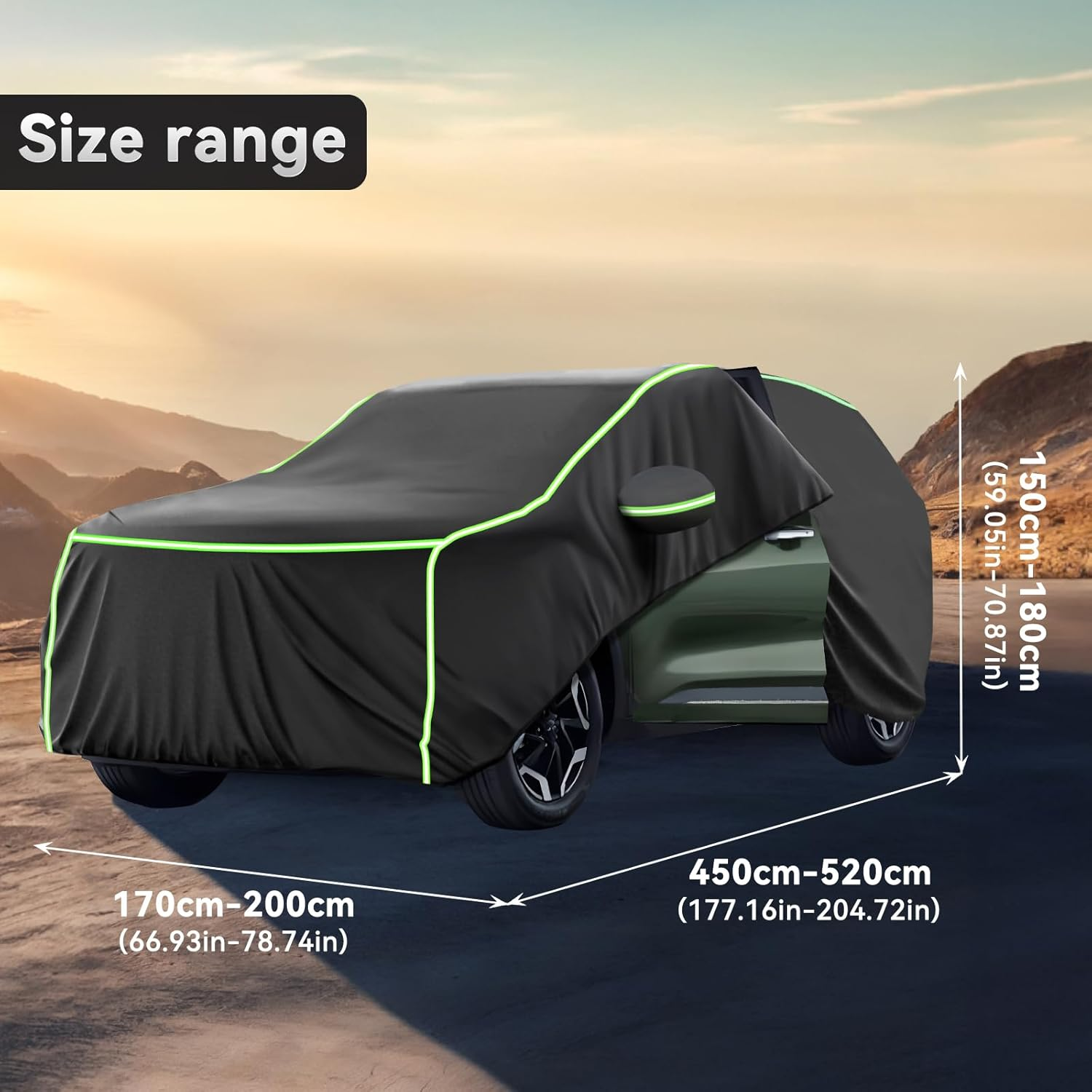 Velomira SUV Car Cover, Waterproof with Cotton Lining, Zippers & Reflective Strips Uv-Resistant, Snowproof, Scratch-Resistant, Outdoor Use Compatible with Models Measuring 520X200X180Cm (Black Green) image number 3