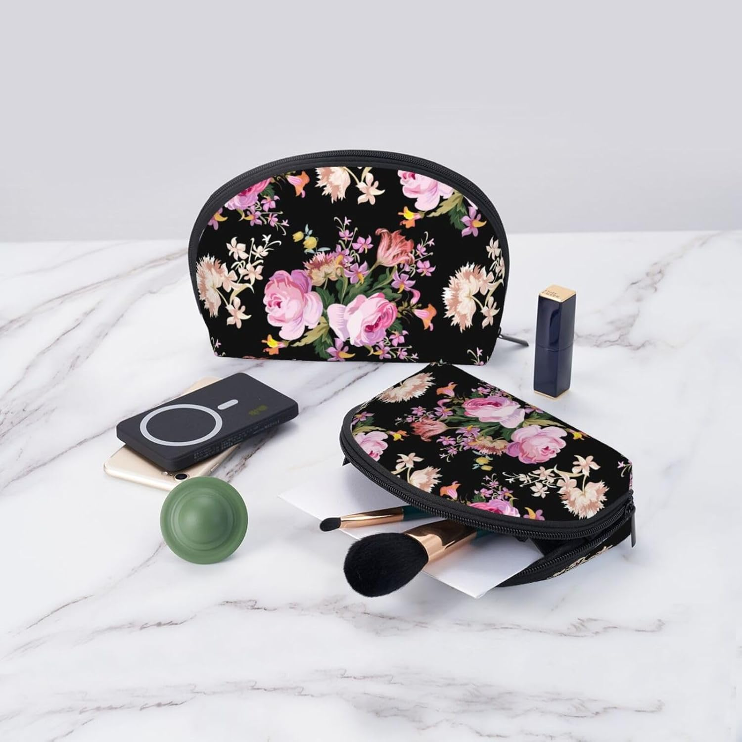 Cozimangoe Coin Pouch Makeup Bags Set, 2 Piece Shell Shape Cosmetic Bag with Pockets for Daily Travel Handbag Lipstick Keys Toiletry, Personalized Pink Roses Vintage on Nature Rose image number 2