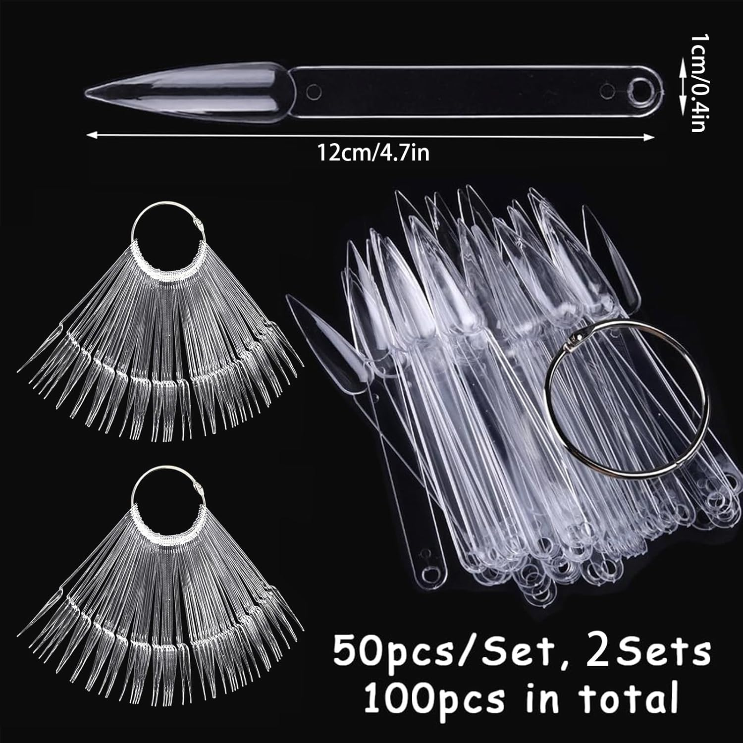 Kzvsiy 100 Pcs Clear Stiletto Nail Swatch Sticks with Rings, Transparent Pointed Nail Display Tips for Polish Color Samples, Manicure Practice Board for Salon & Home Use image number 2