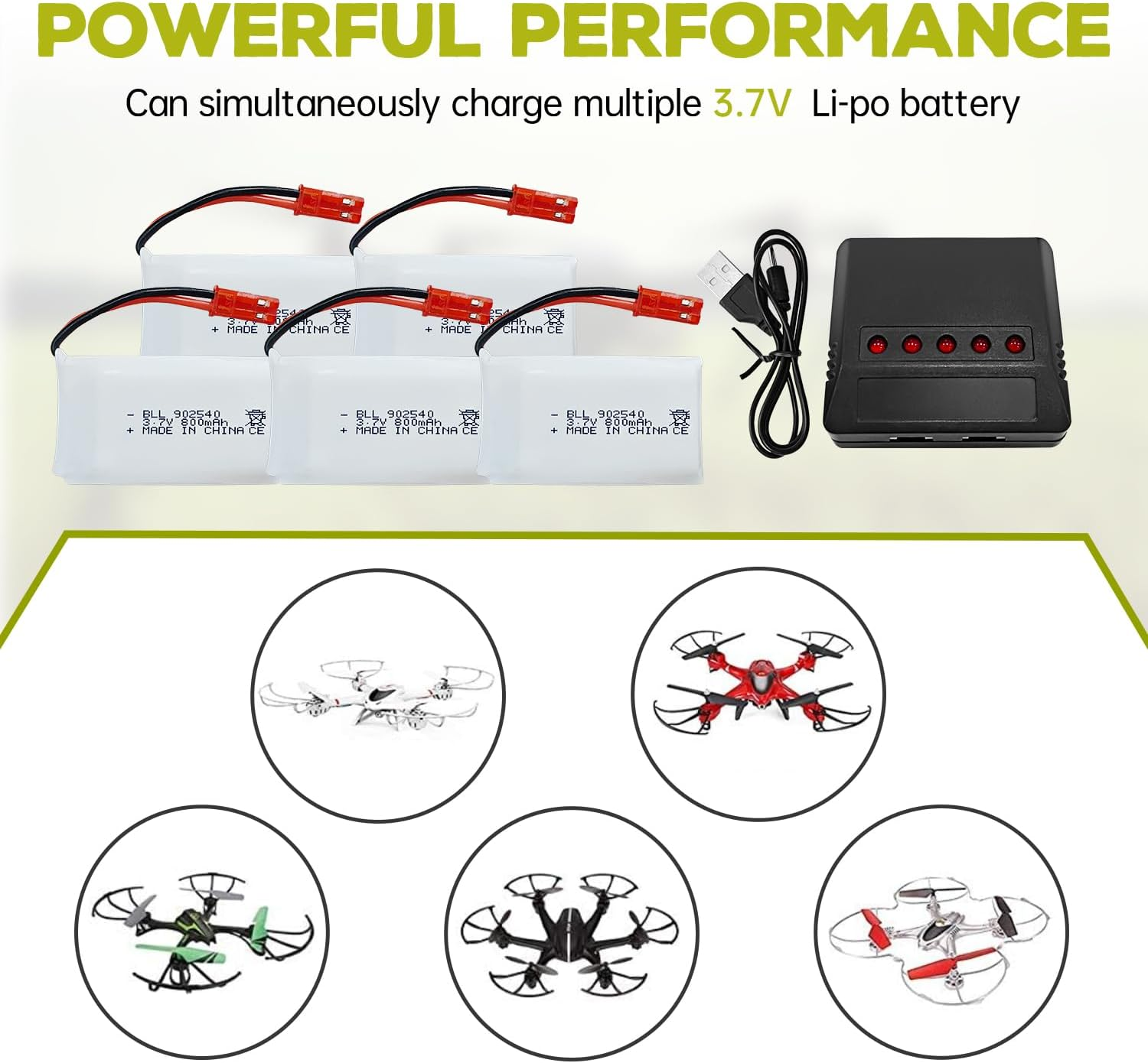 5PCS 3.7V 800Mah Lipo Battery Remote Control Drone Battery with 5In1 Charger JST Plug Suitable for SYMA X56W MJX X400W X300C X800 HS110 HS200 S670 V950Hd S1750 V2450 RC Quadcopter Battery image number 4