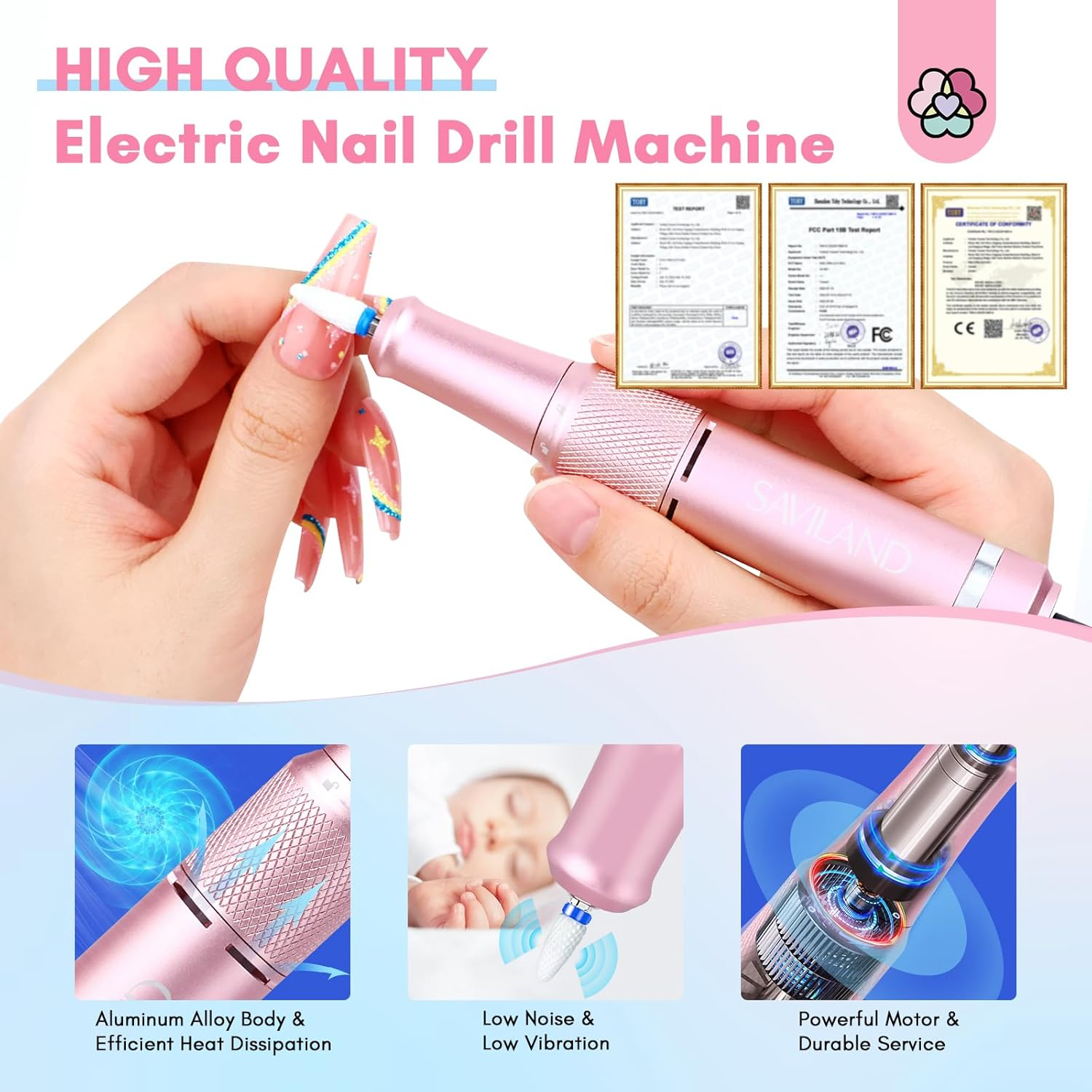 Saviland Portable Electric Nail Drill - 35000 RPM Electric Nail File for Acrylic Nails Professional with Ceramic Corn Head Nail Drill Bits for Nails Manicure Tools and Pedicure Kit Salon Use image number 4