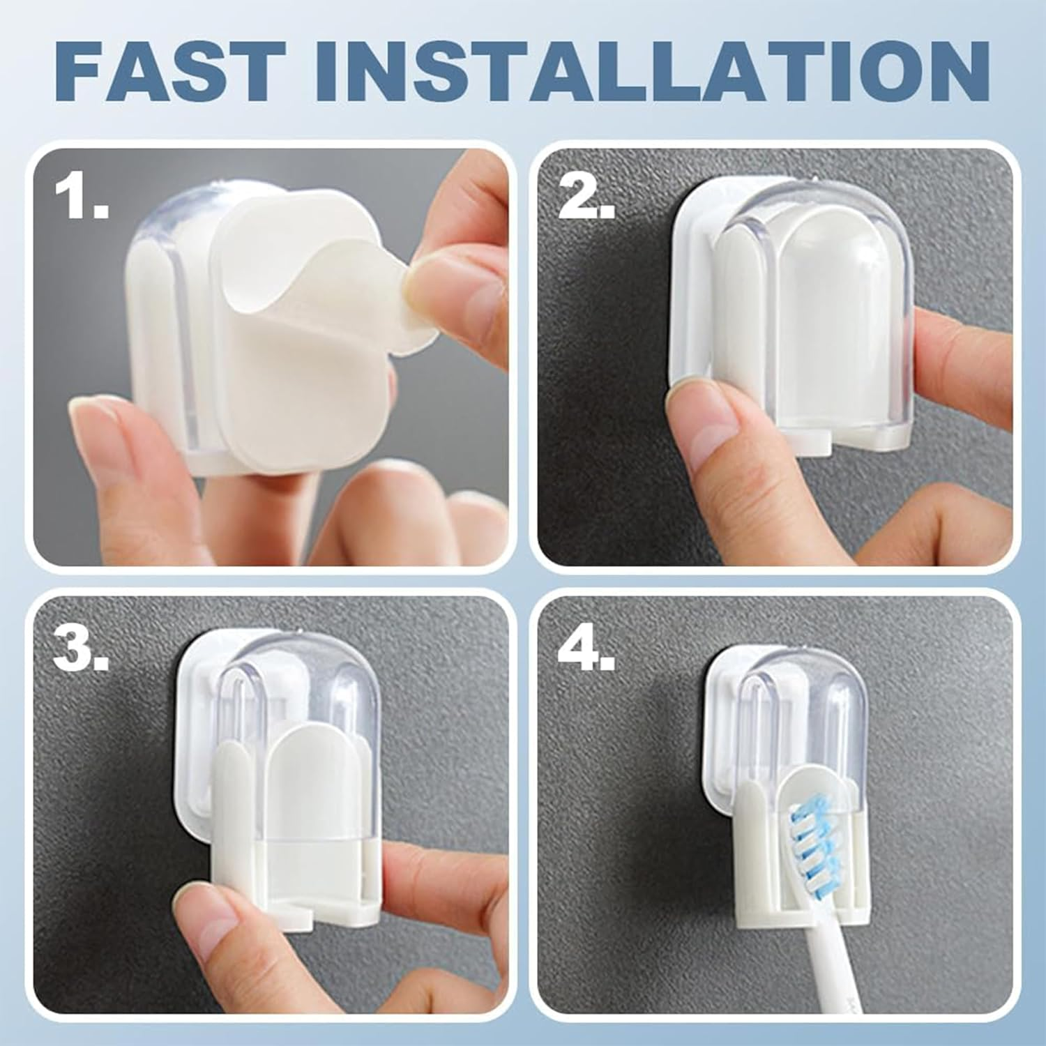 4-Pack Wall Mounted Toothbrush Holder with Cover - Bathroom Storage Rack & Organizer for Manual and Electric Toothbrushes - Self-Adhesive Toothbrush Stand for Shower Use image number 4