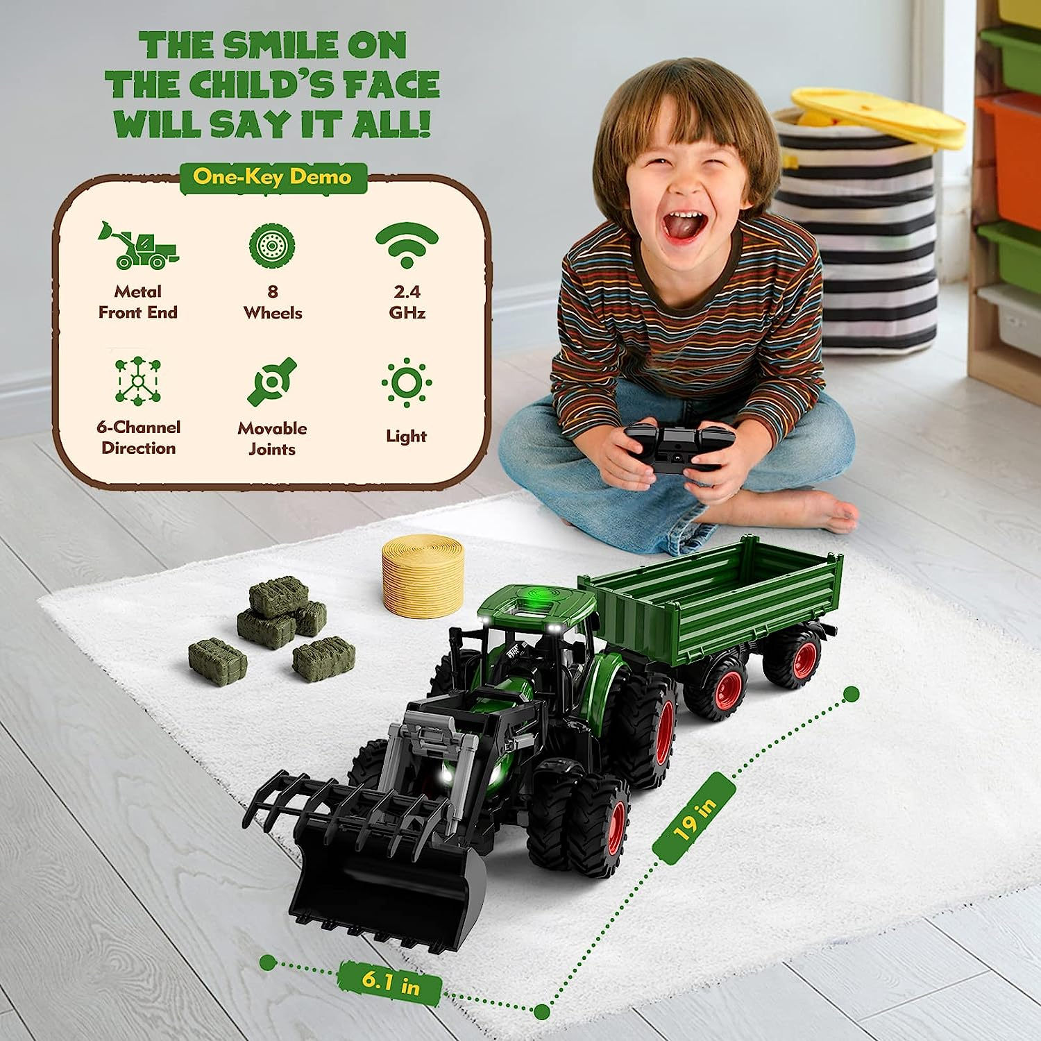 TOYKAU Rechargeable RC Tractor & Trailer Set - Metal Car Head, 8-Wheel Drive with Lights, Farm Vehicle Toy for Ages 3+ Boys Girls Christmas/Birthday Gift image number 4