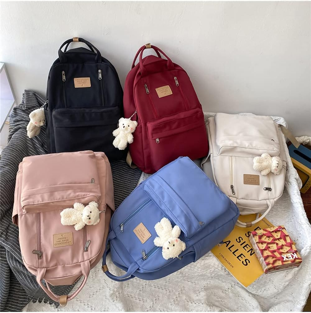 MININAI Preppy Backpack with Plushies Cute Backpack Light Academia College Backpack Solid Aesthetic Rucksack for Travel image number 3