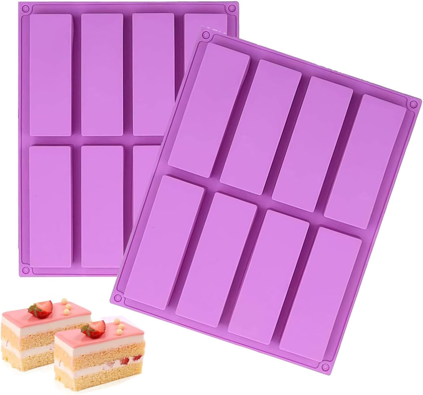 Xinghonyac 2 Pcs Large Rectangle Silicone Mould, 8-Cavity DIY Granola Bars Mold, Chocolate Mould, Cereal Bar Molds for Chocolate Truffle Bread Brownie Cornbread Cheesecake Butter Soap (Purple)