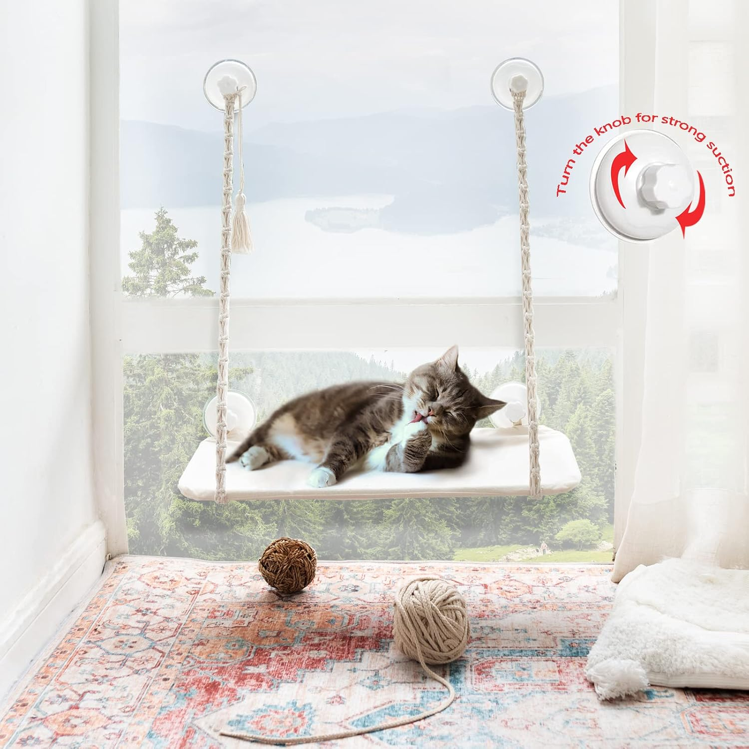 Mkono Cat Window Perch Macrame Boho Cat Hammock Wall Mounted Cat Bed for Indoor Cat, Pet Resting Seat Safety Space Saving Cat Shelves with Screw Suction Cups