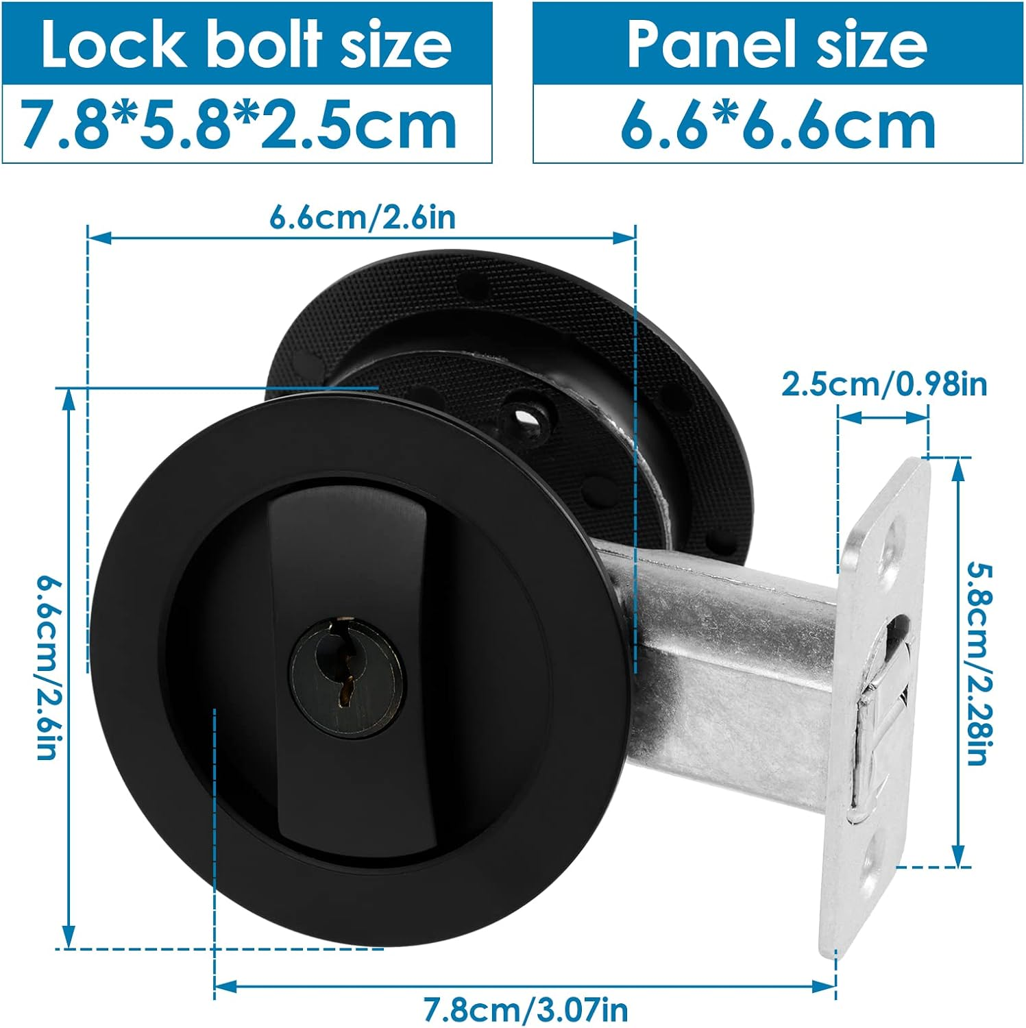 Bed/Bath Pocket Door Lock and Pull round Privacy Door Lock with Key Recessed 2 Sided Invisible Sliding Door Locks Hardware for 1 3/8 Inch to 1 15/16 Inch Thickness Door (Black) - Black image number 4