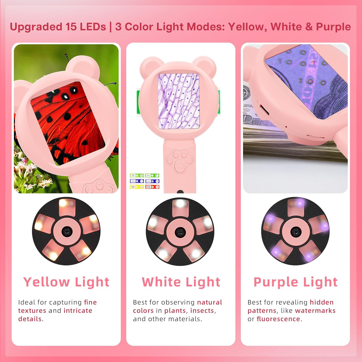 Bear Kids Microscope, Portable Microscope for Kids, Mini Digital Scope with 2.8" Screen, Educational Science Kit Birthday Gifts, Age 4-12, 16GB TF Card Included (Pink) image number 3