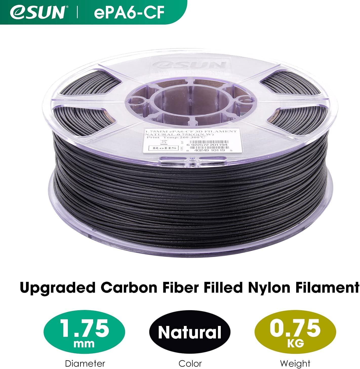 Esun 3D Printing Filament Nylon Carbon Fiber Spool 1.75Mm 0.75KG Dimensional Accuracy +/- 0.05Mm for 3D Printers image number 4