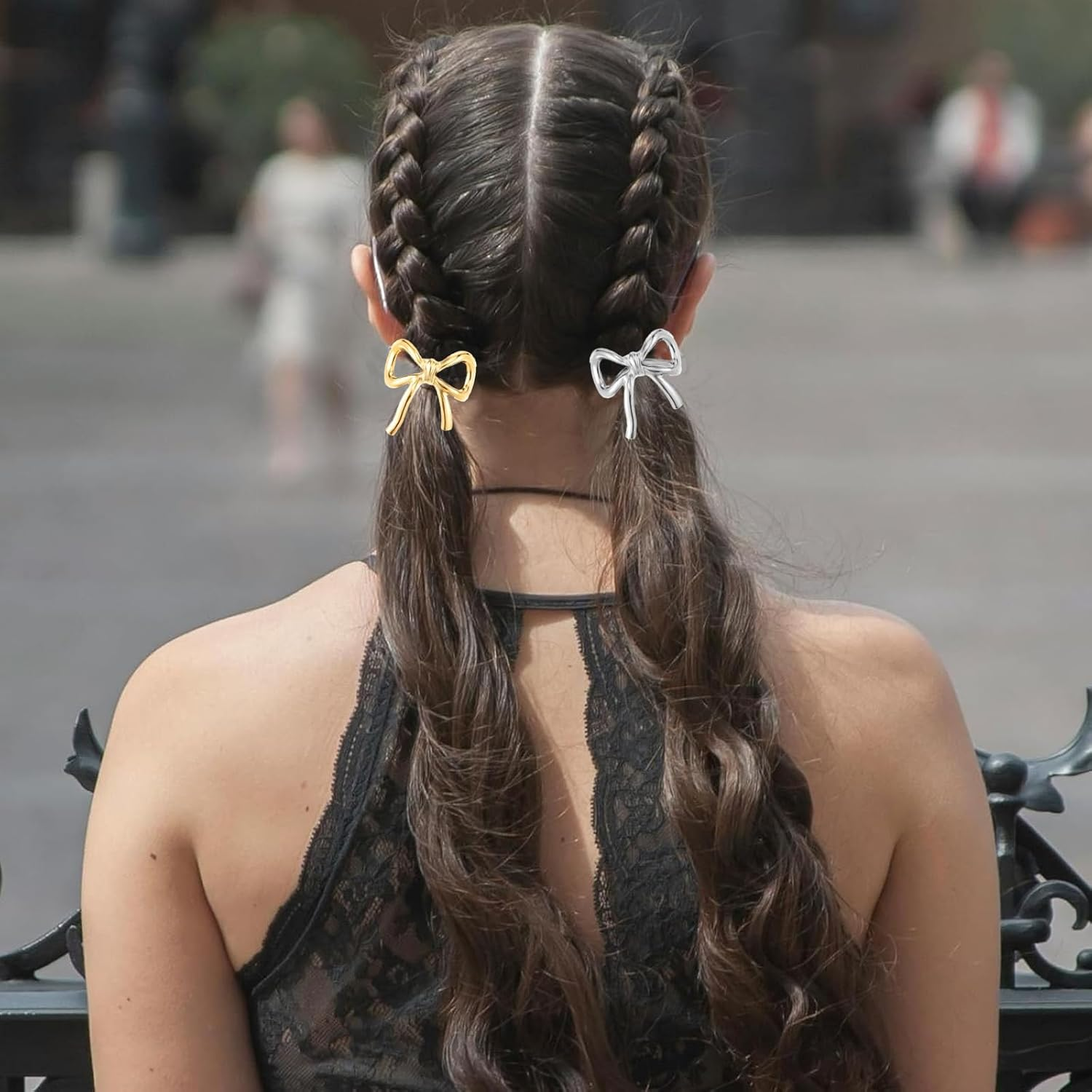 ASOMI 2 Pieces Metal Hair Ties for Women Bow and Ponytail Holder Elegant Rubber Bands for Long Thick Thin Curly Hair (Gold, Silver) image number 2