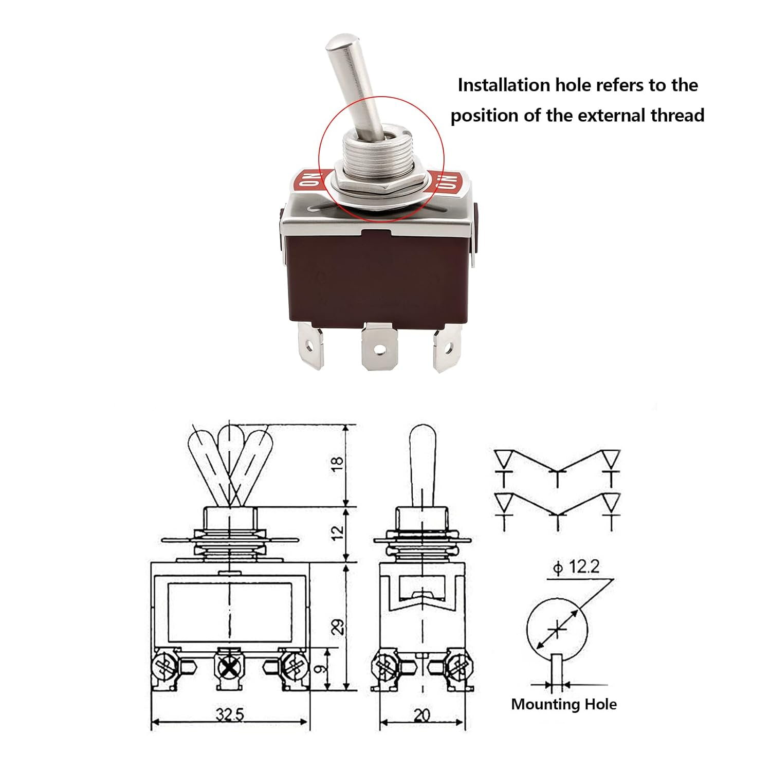 YINETTECH 2Pcs 6 Pin Toggle Switch 250 VAC 15A - 125 VAC 20A Double Pole Double Throw 2 Position Latching Maintained Silver Contact for 12 MM Mounting Hole image number 3
